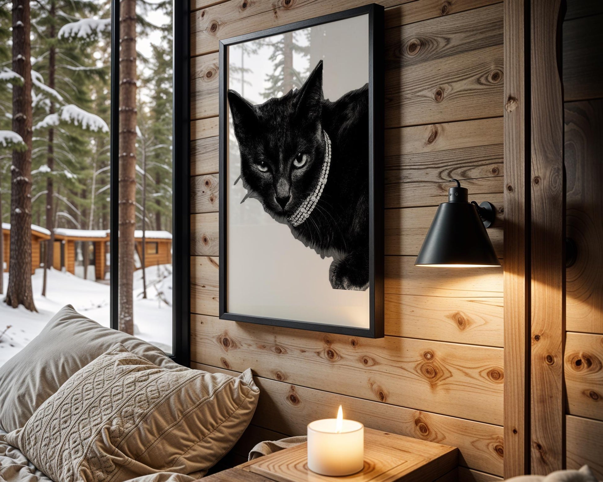 Designer Wall Art | Glam Black Cat Print | Diamond Collar, Minimalist Pet Portrait wall art print, minimalist black and white poster, modern Scandinavian wall decor, Monohaus