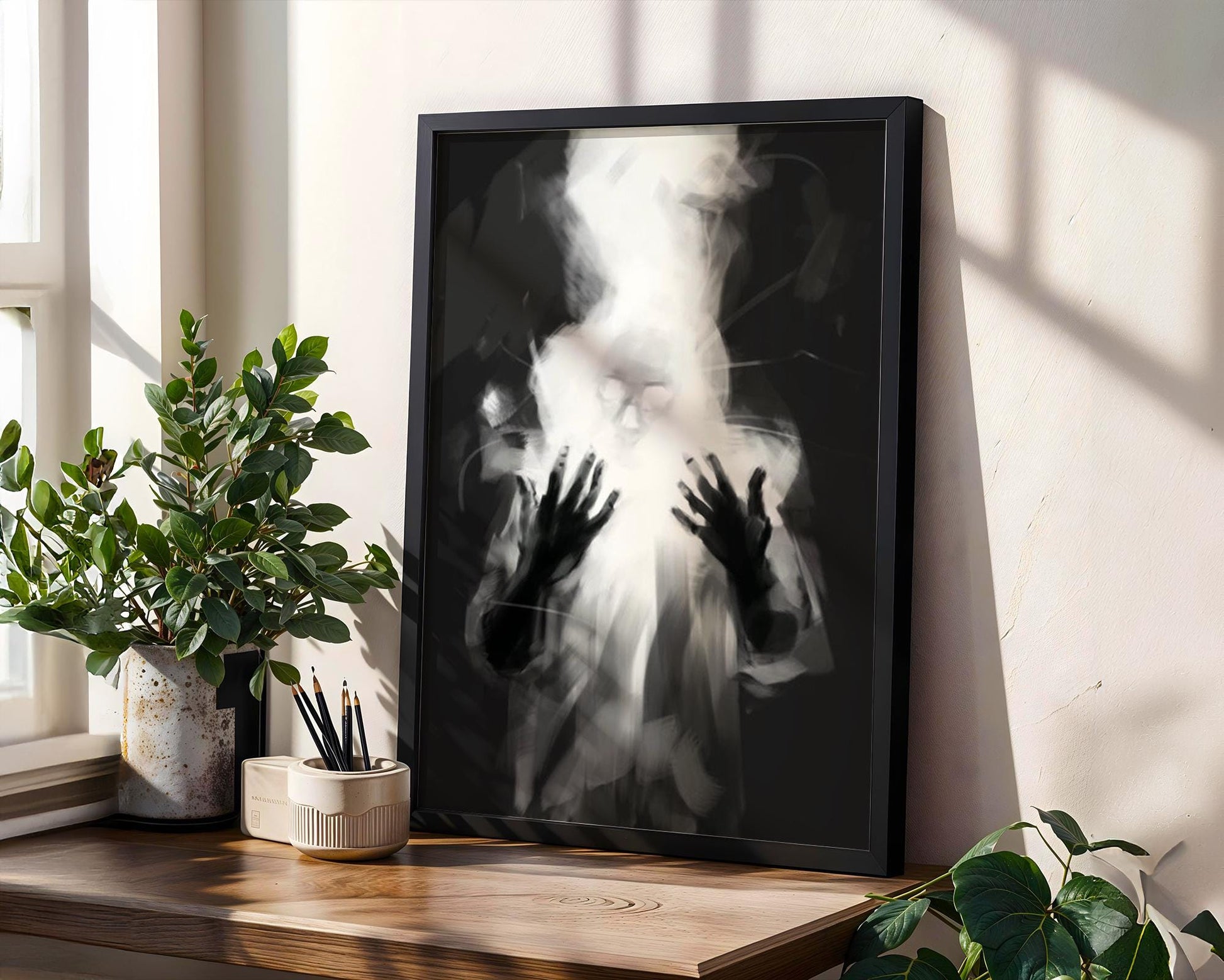 Designer Wall Art | Surreal Ghost Figure Print | Black and White Fantasy Poster wall art print, minimalist black and white poster, modern Scandinavian wall decor, Monohaus