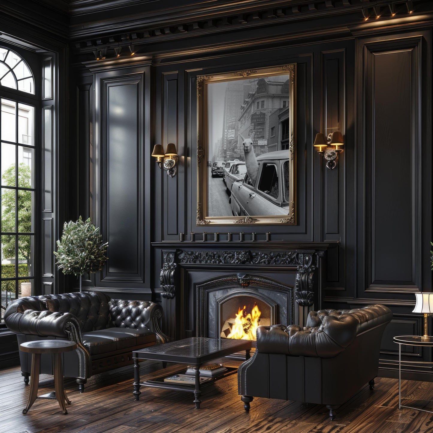 Designer Wall Art | Funny Llama in Car Print | Black and White City Photography wall art print, black and white architectural poster, minimalist modern Scandinavian wall decor, Monohaus