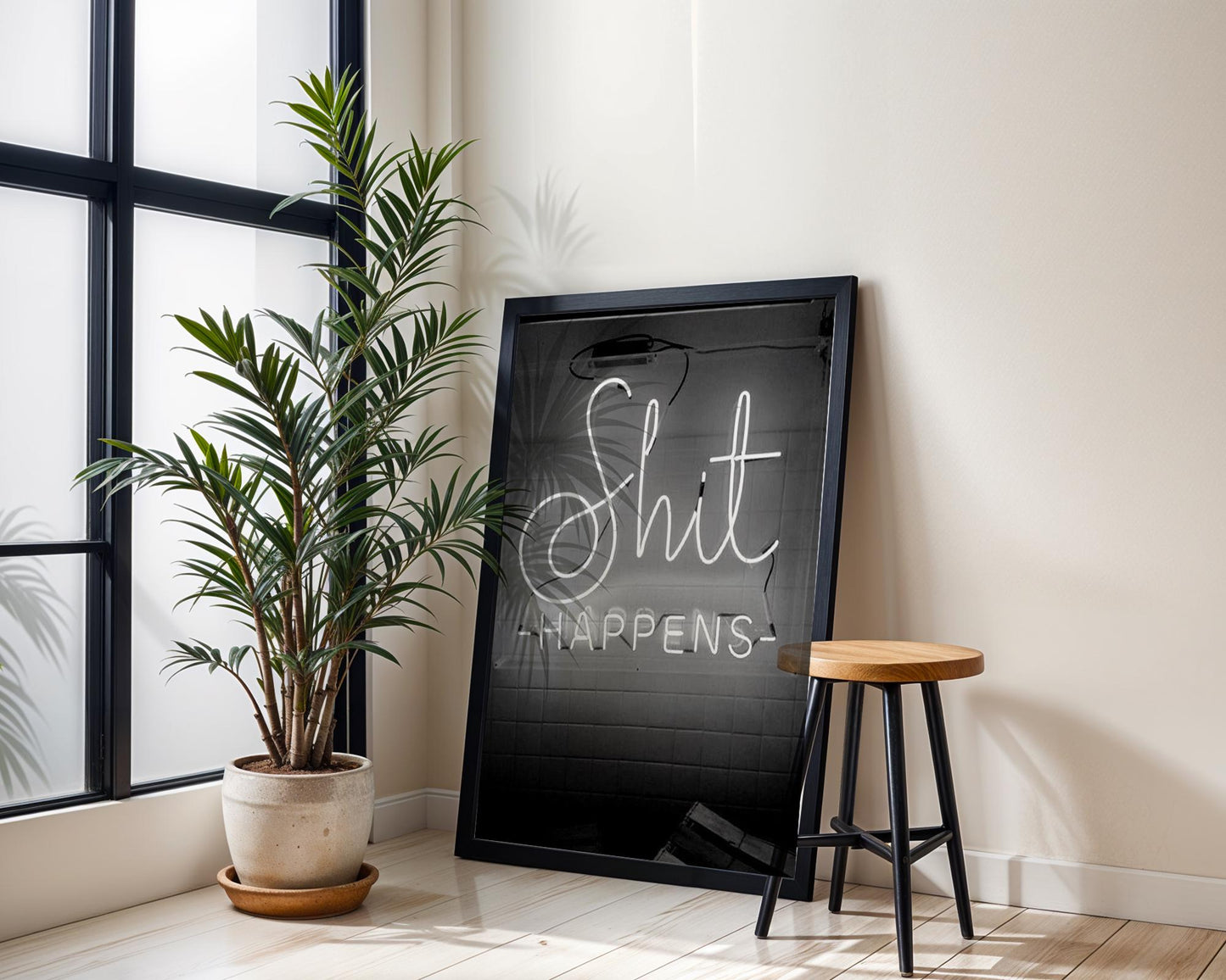 Designer Wall Art | Shit Happens Neon Sign Print | Black & White Quote Poster typography wall art print, minimalist black and white type poster, modern graphic design decor, Monohaus