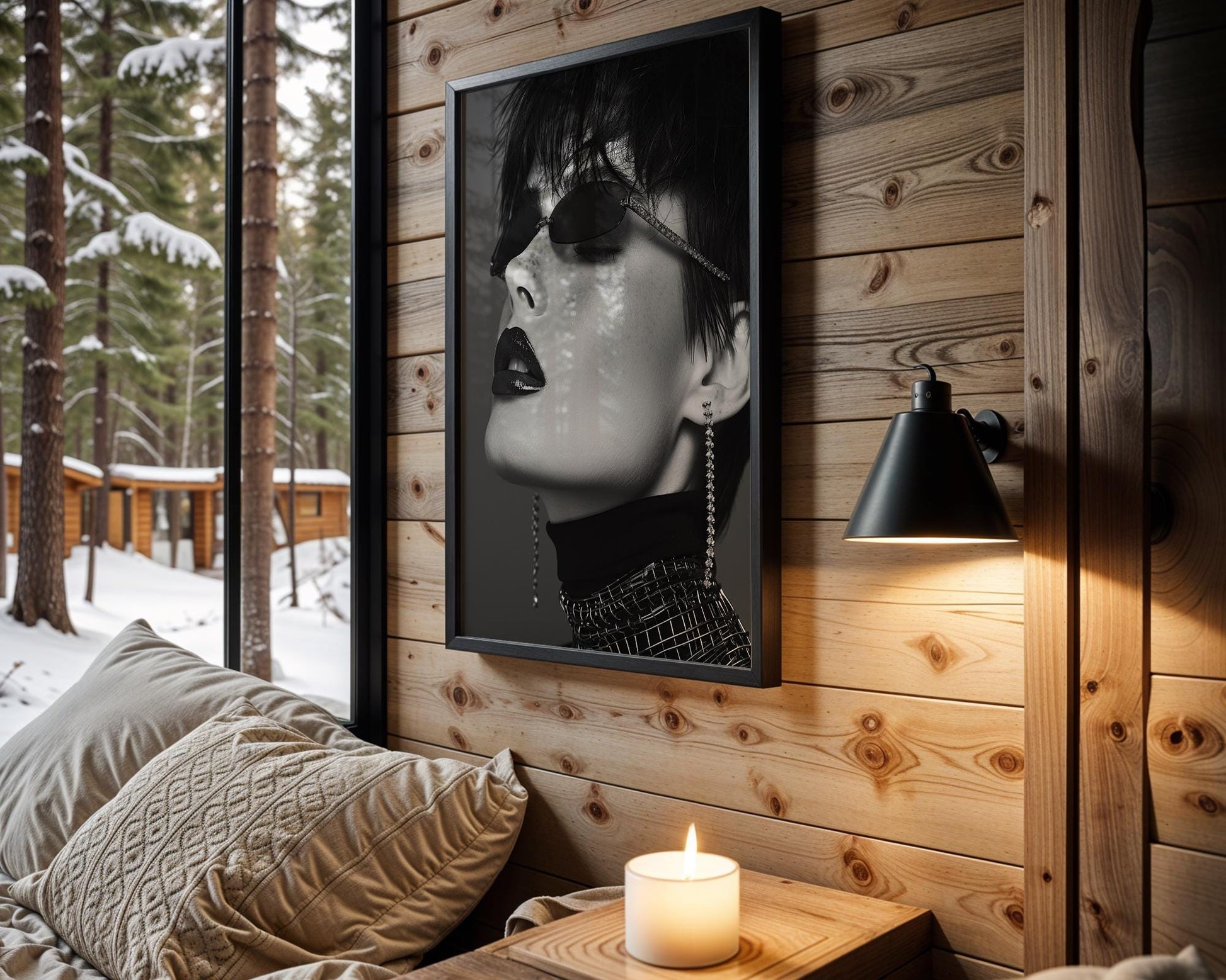 Minimal Wall Art Woman Portrait Print | Glossy Lips, Futuristic Shades Art wall art print, minimalist black and white poster, modern Scandinavian wall decor, Monohaus