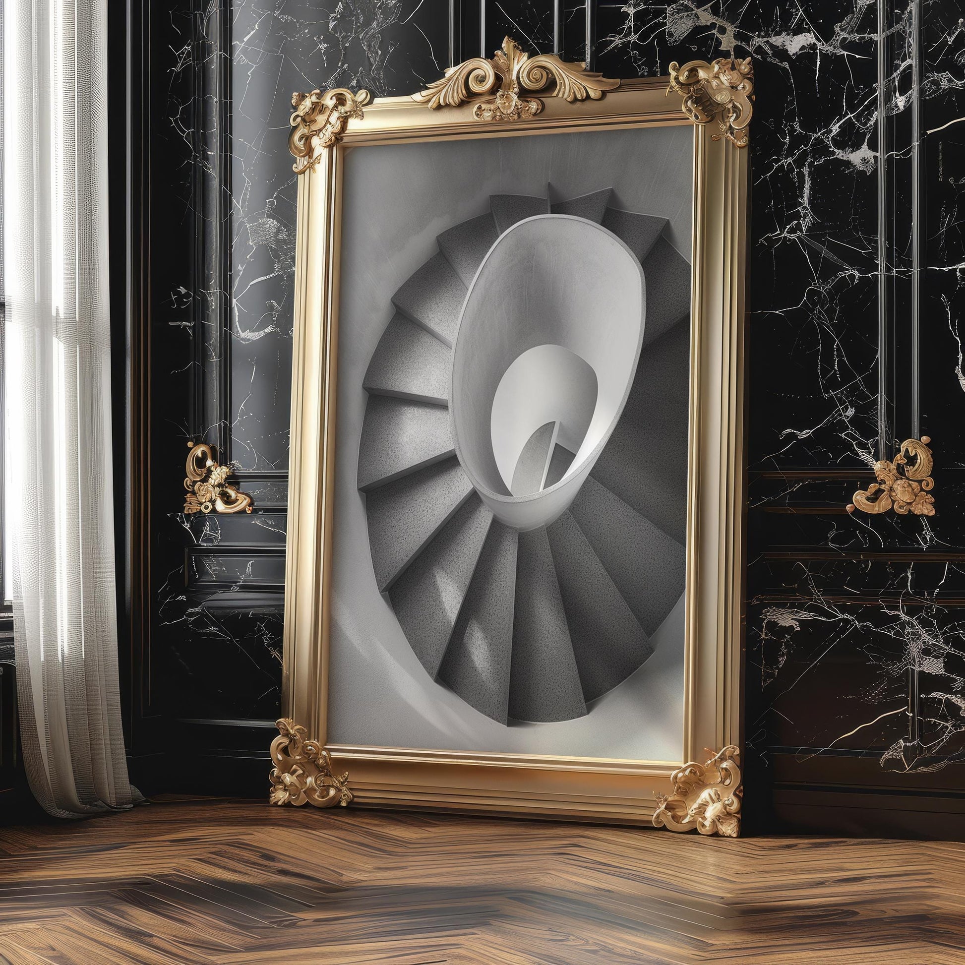 Minimal Wall Art Light Spiral | Black and White Urban Architecture Photography wall art print, black and white architectural poster, minimalist modern Scandinavian wall decor, Monohaus