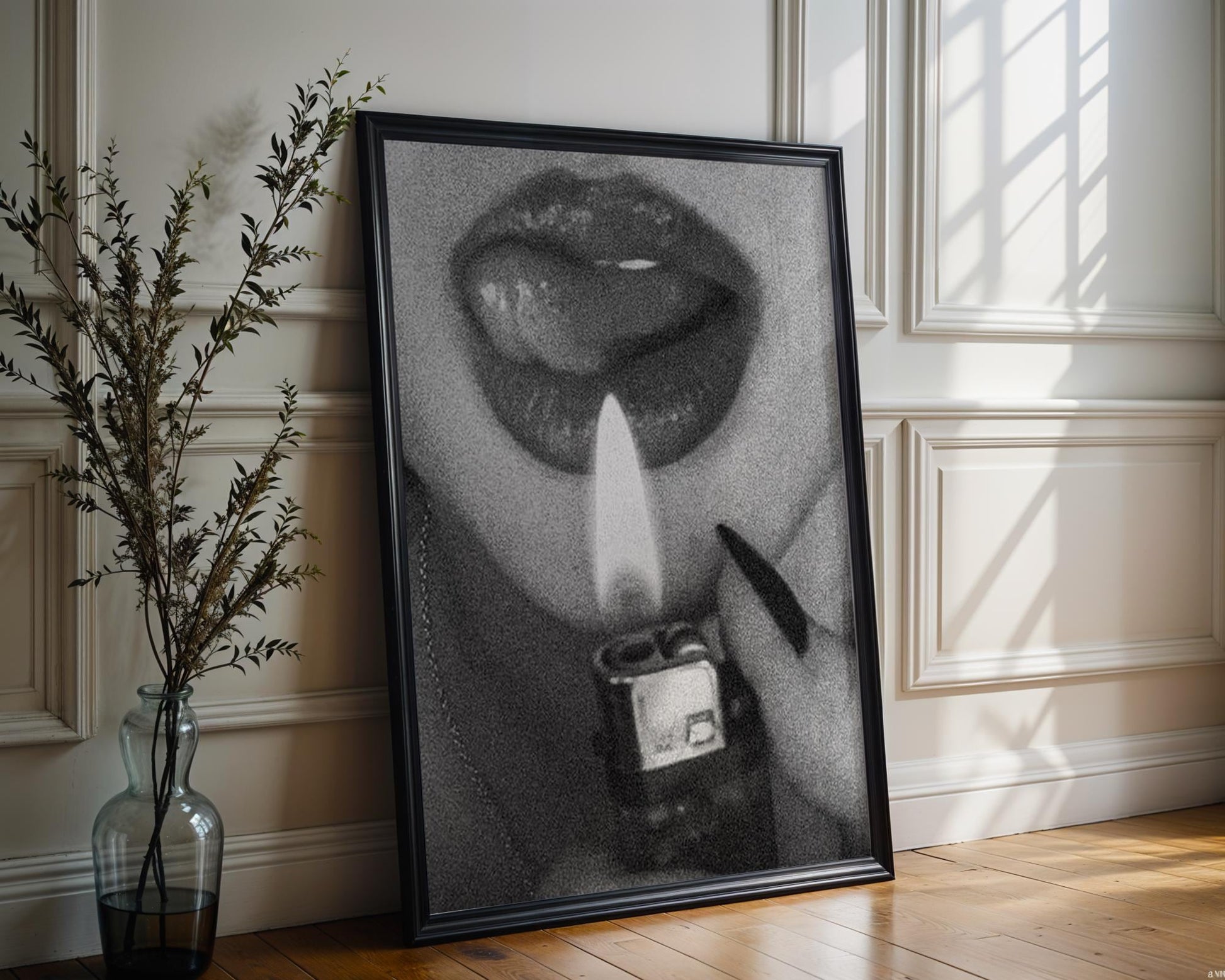 Designer Wall Art | Lips with Lighter Photography | Black and White Seductive wall art print, minimalist black and white poster, modern Scandinavian wall decor, Monohaus