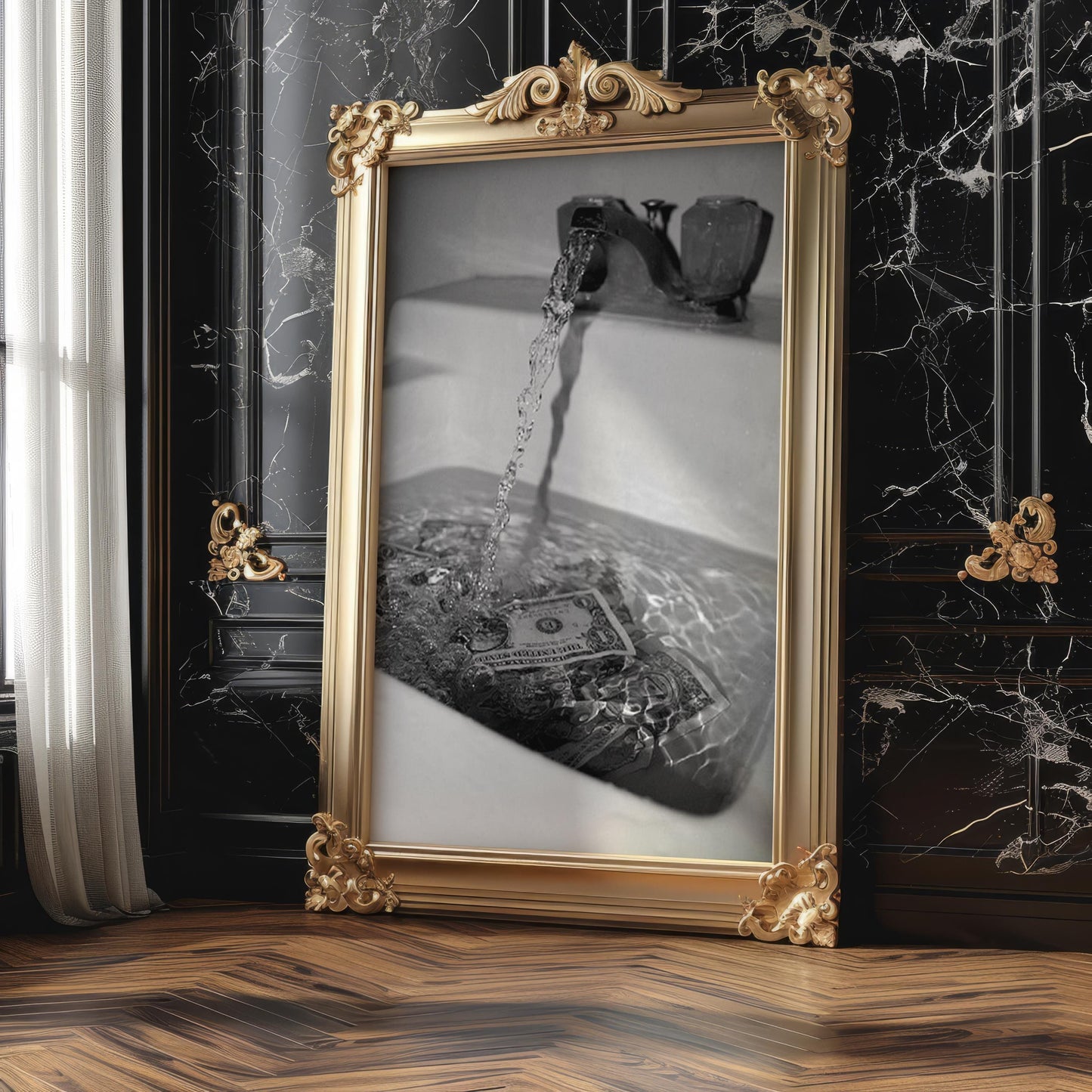 Designer Wall Art | Money Down The Drain Print | Conceptual Black and White Art wall art print, minimalist black and white poster, modern Scandinavian wall decor, Monohaus