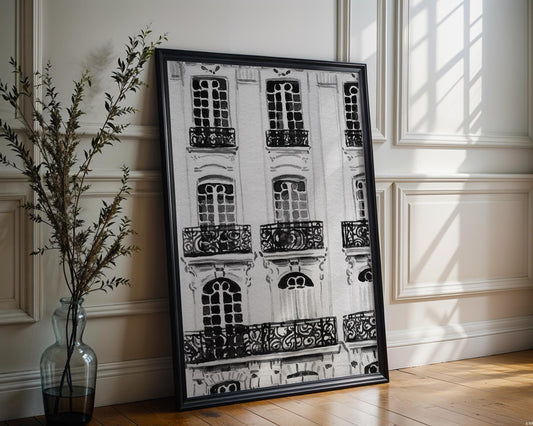 Designer Wall Art | Paris Haussmann Architecture Print | Black & White Balcony wall art print, black and white architectural poster, minimalist modern Scandinavian wall decor, Monohaus