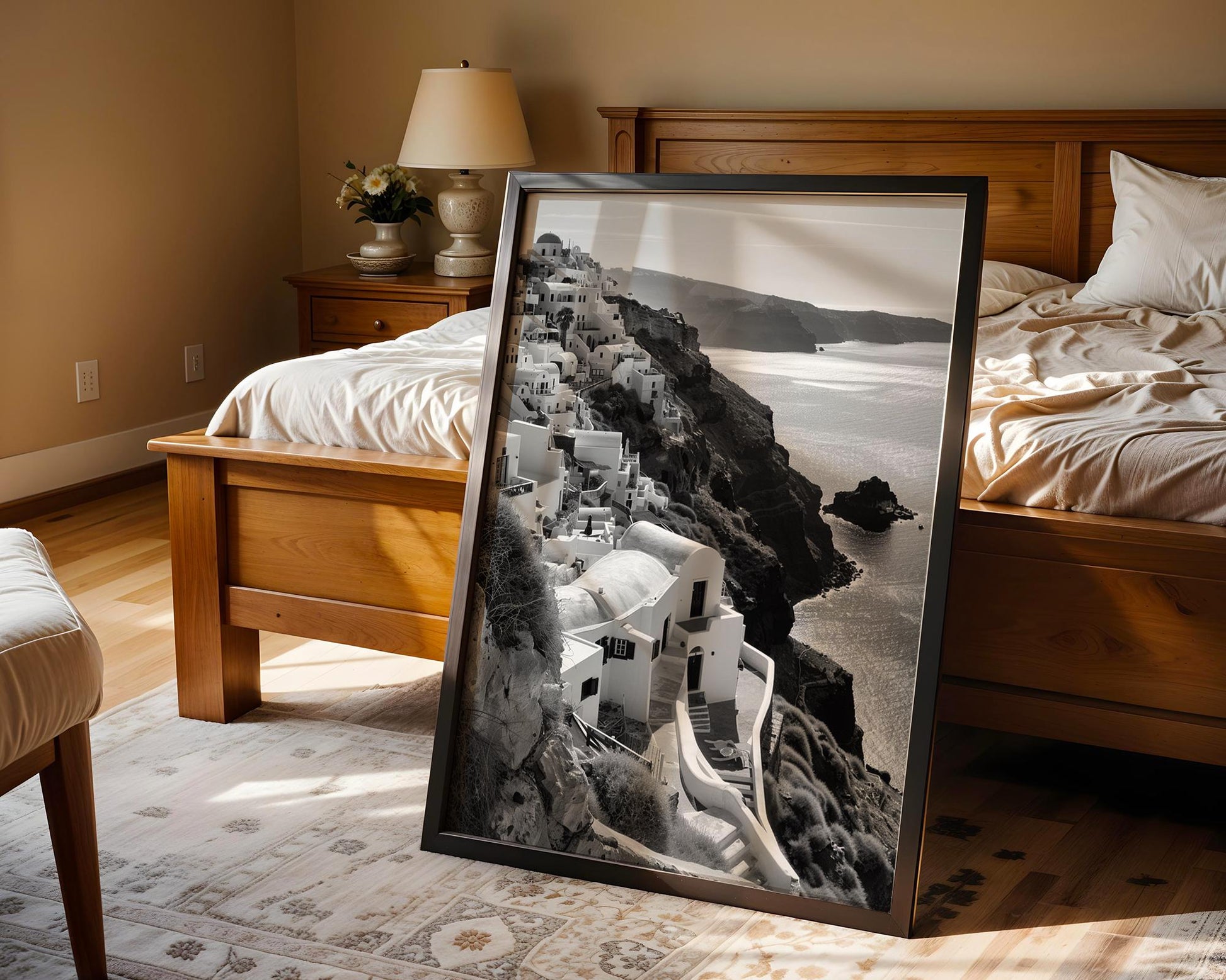 World Landmark | Santorini Greece Print | Black and White Cliffside Architecture wall art print, black and white architectural poster, minimalist modern Scandinavian wall decor, Monohaus