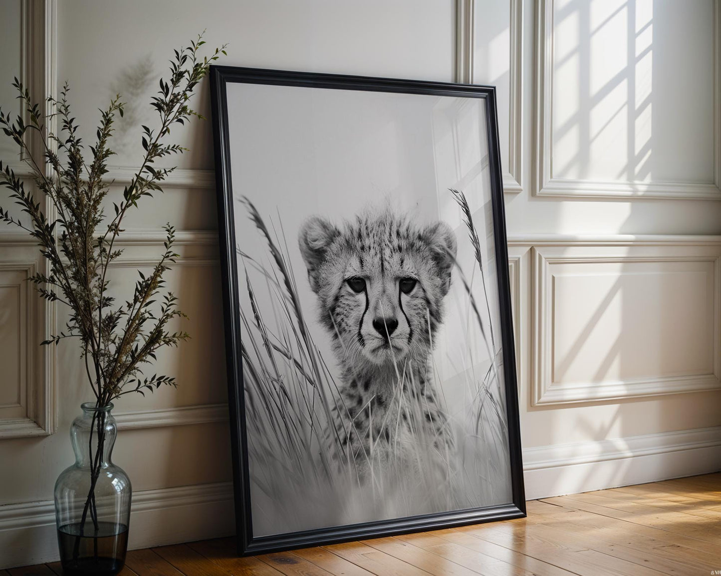 Wildlife Poster | Cheetah Cub Fine Art Print | Black & White Minimal Photography wall art print, minimalist black and white poster, modern Scandinavian wall decor, Monohaus