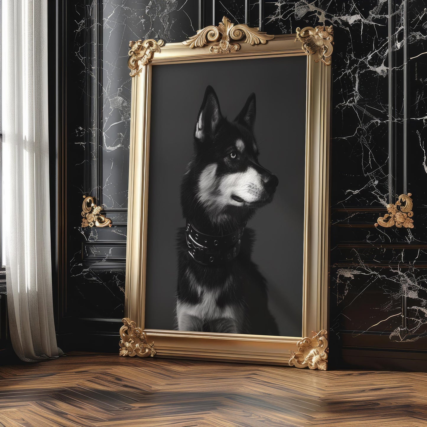Dog Photography Husky Pet Art Print | Edgy Biker with Studded Collar, Monochrome Wall Decor wall art print, minimalist black and white poster, modern Scandinavian wall decor, Monohaus