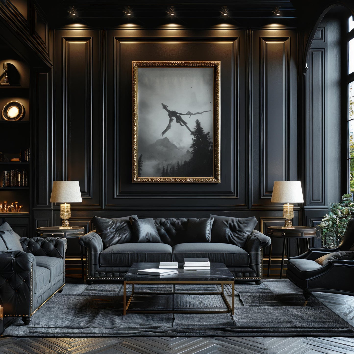 Designer Wall Art | Dragon Flying Print | Black & White Mountain Landscape Art wall art print, minimalist black and white poster, modern Scandinavian wall decor, Monohaus