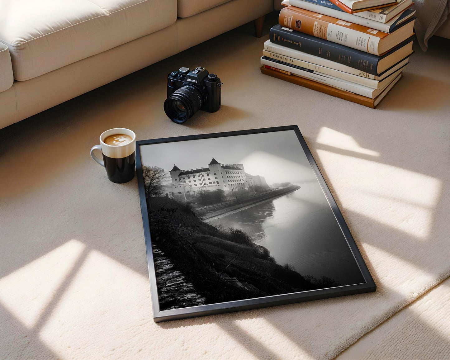 World Landmark | Bratislava Castle Print | Danube River, Black and White Photography wall art print, minimalist black and white poster, modern Scandinavian wall decor, Monohaus