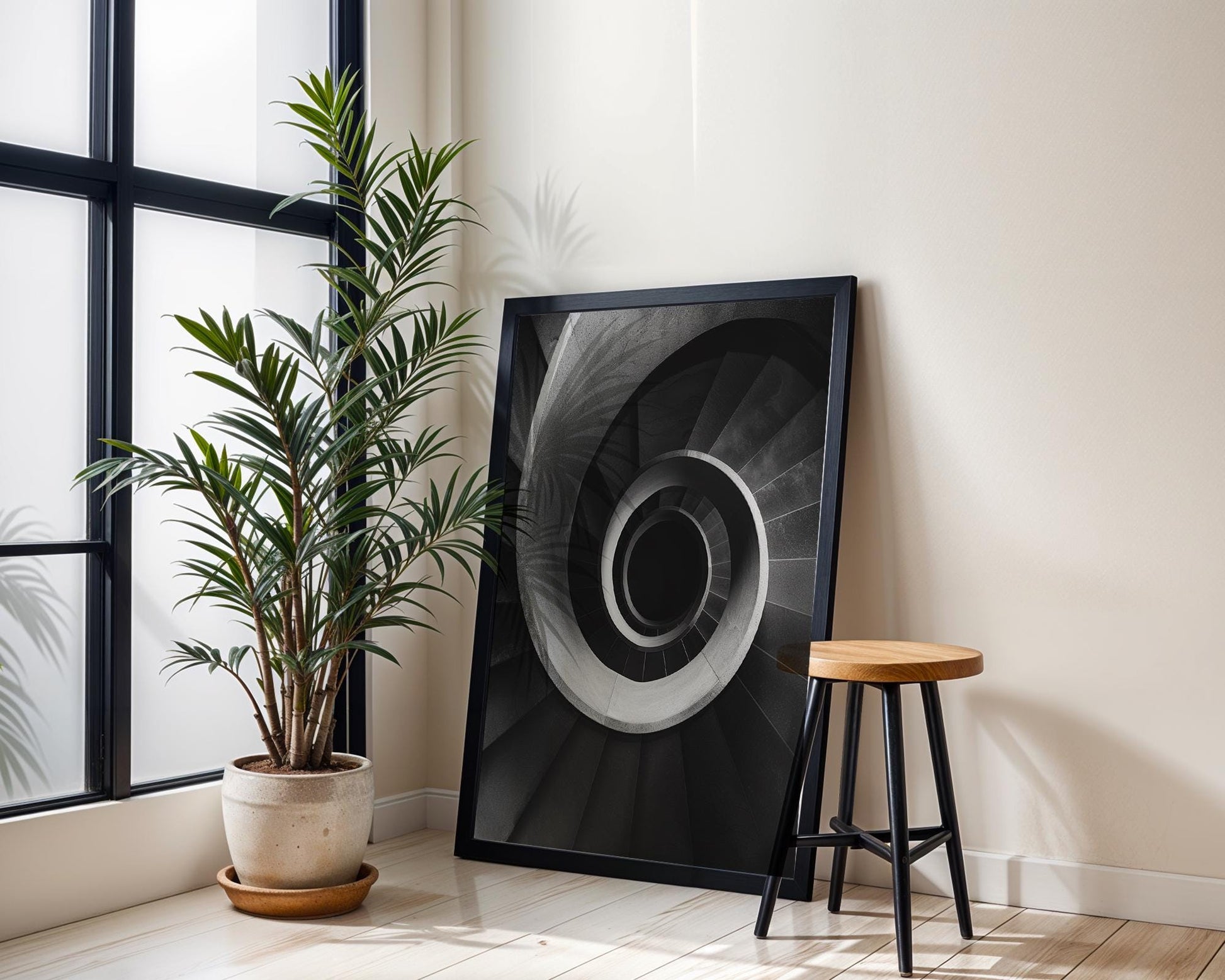 Minimal Wall Art | Black and White Spiral Staircase Photography | Architecture wall art print, black and white architectural poster, minimalist modern Scandinavian wall decor, Monohaus