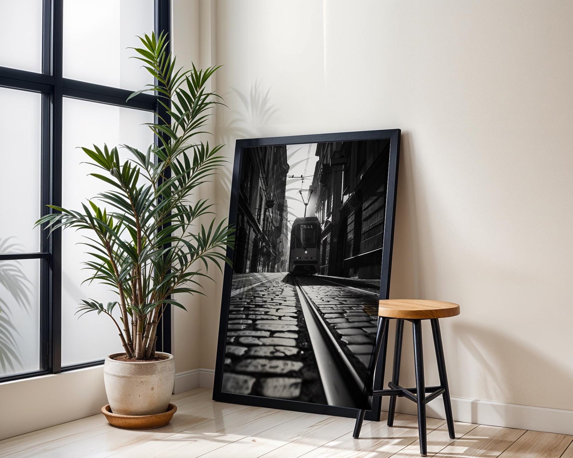 World Landmark | Lisbon Tram Print | Black and White Street Photography, Minimal Decor black and white photo print, minimalist monochrome wall art poster for modern interiors, Monohaus