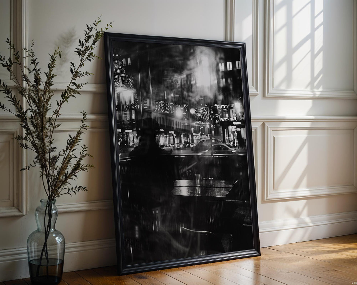 Urban Photography | Parisian Cafe Night Print | Black and White Photography, Moody Bokeh black and white photo print, minimalist monochrome wall art poster for modern interiors, Monohaus