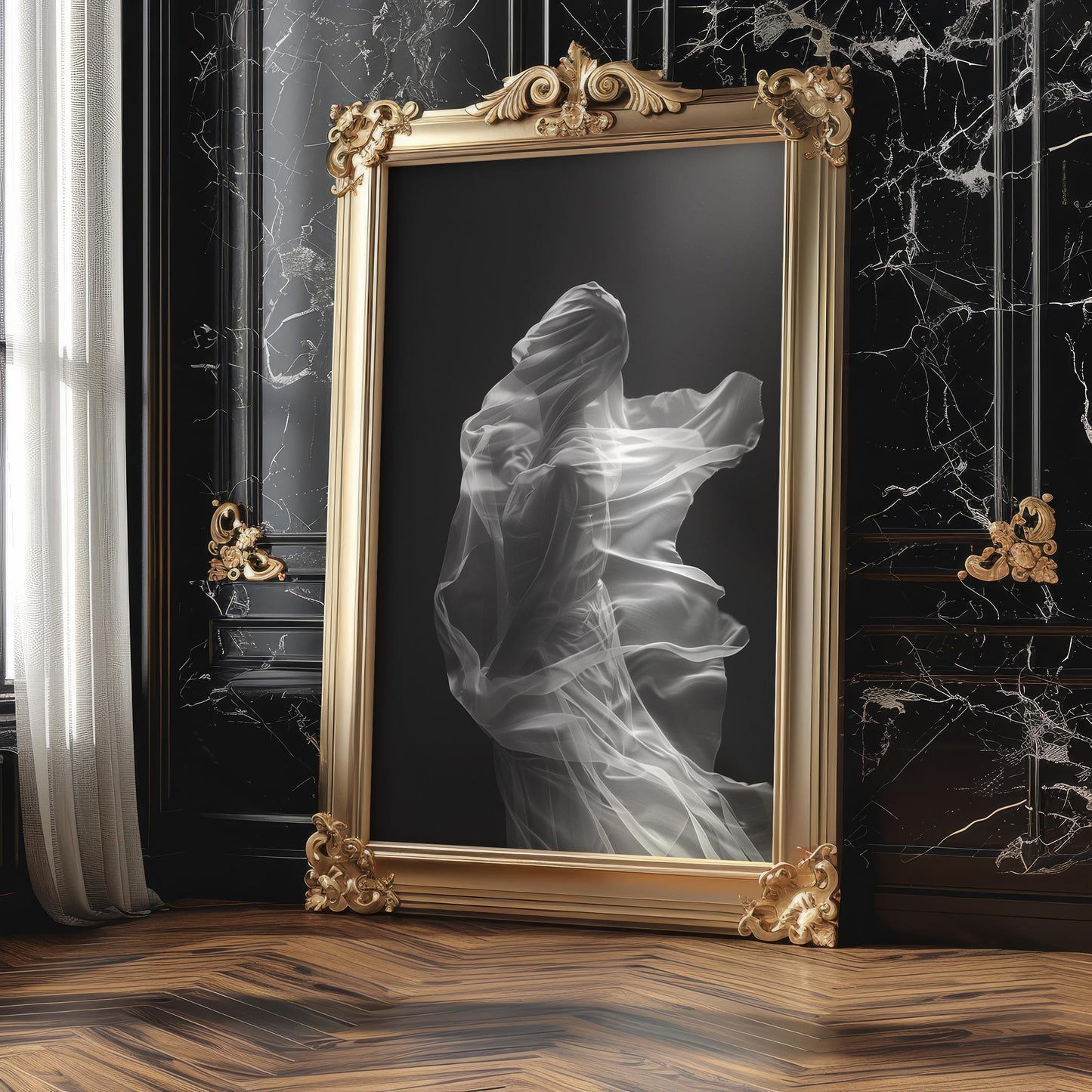 Minimal Wall Art Veiled Figure Art Print | Ethereal Photography, Dark Modern Decor wall art print, minimalist black and white poster, modern Scandinavian wall decor, Monohaus