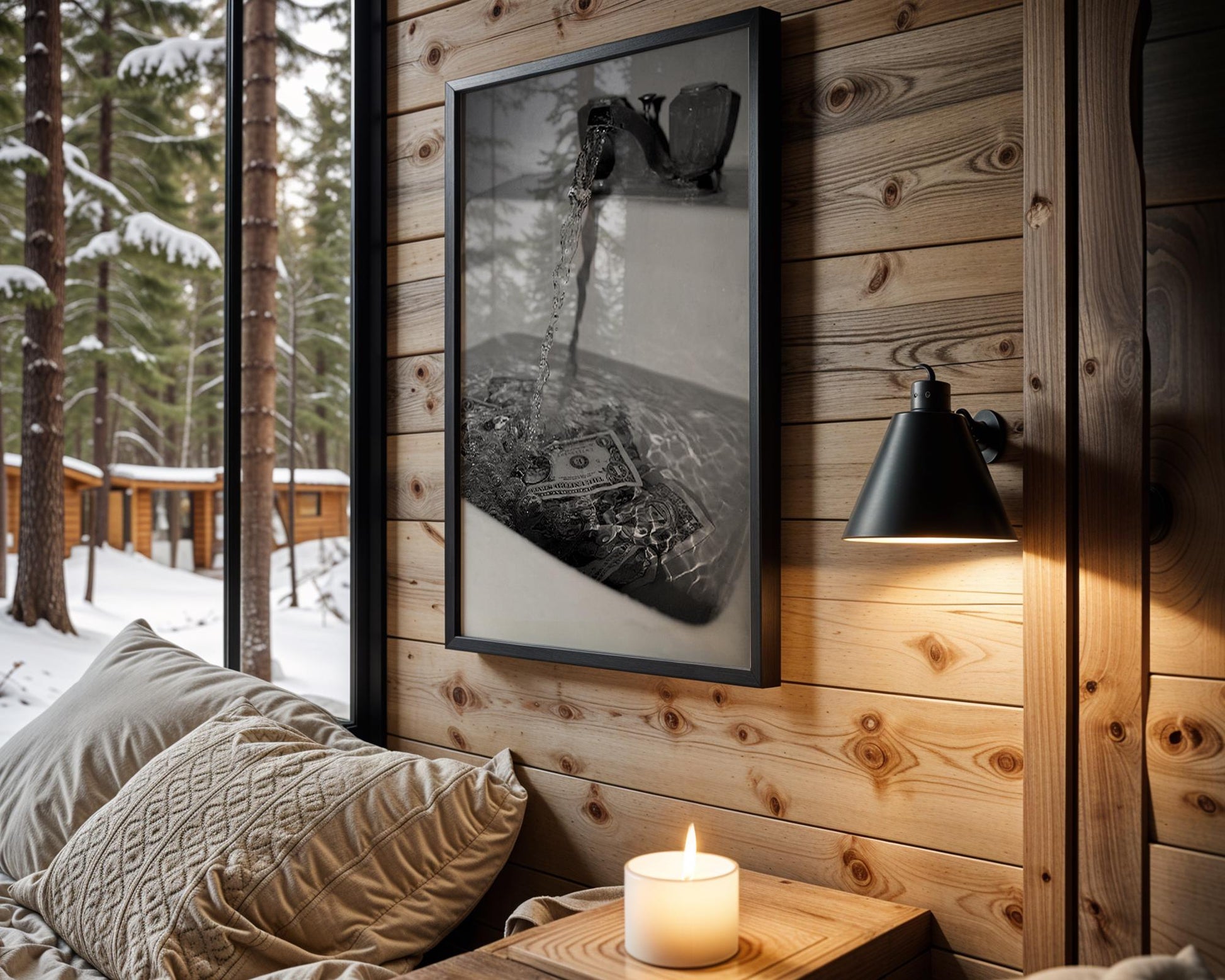 Designer Wall Art | Money Down The Drain Print | Conceptual Black and White Art wall art print, minimalist black and white poster, modern Scandinavian wall decor, Monohaus