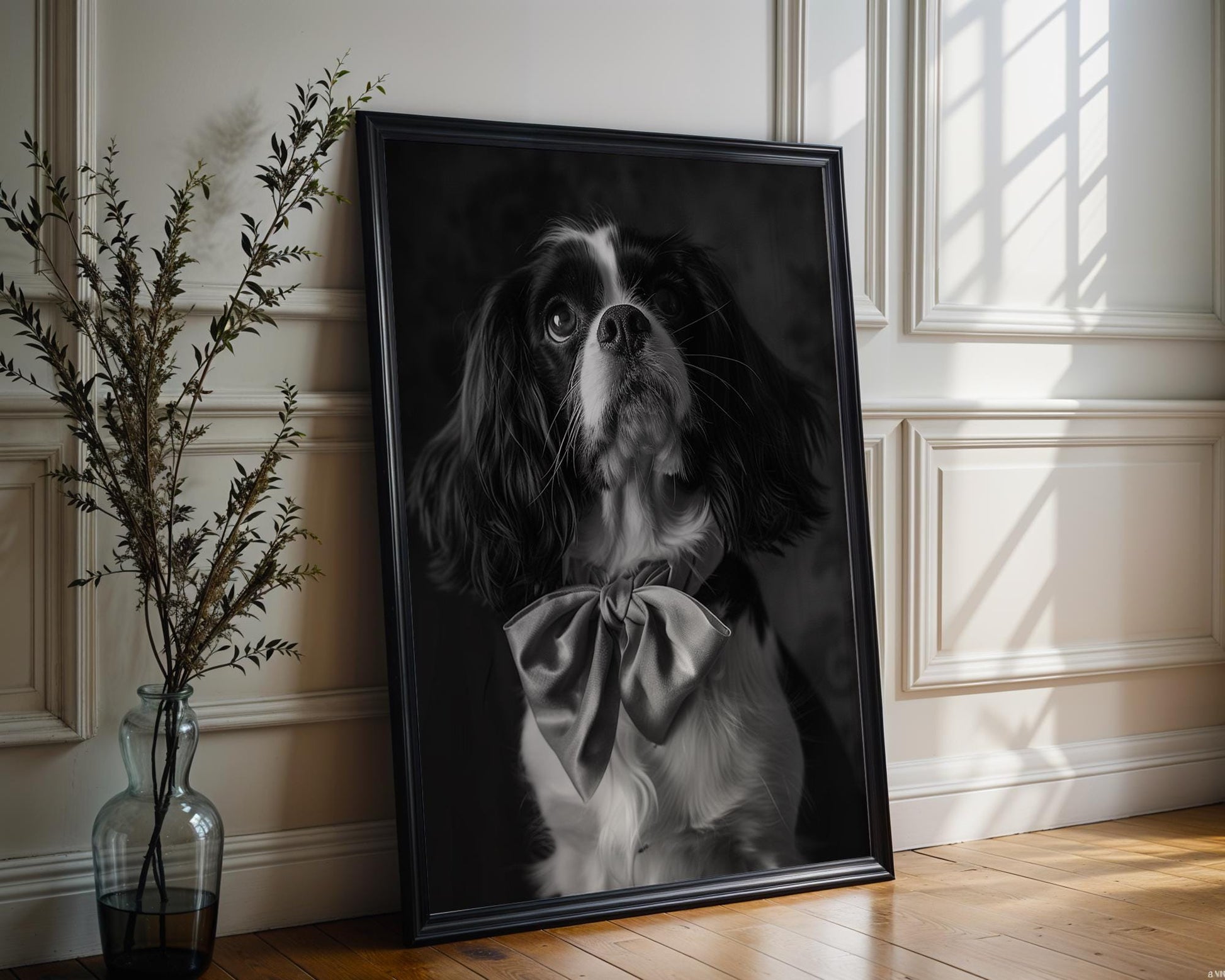 Dog Photography Black and White Cavalier Portrait | Bowtie Pet Art Print wall art print, minimalist black and white poster, modern Scandinavian wall decor, Monohaus