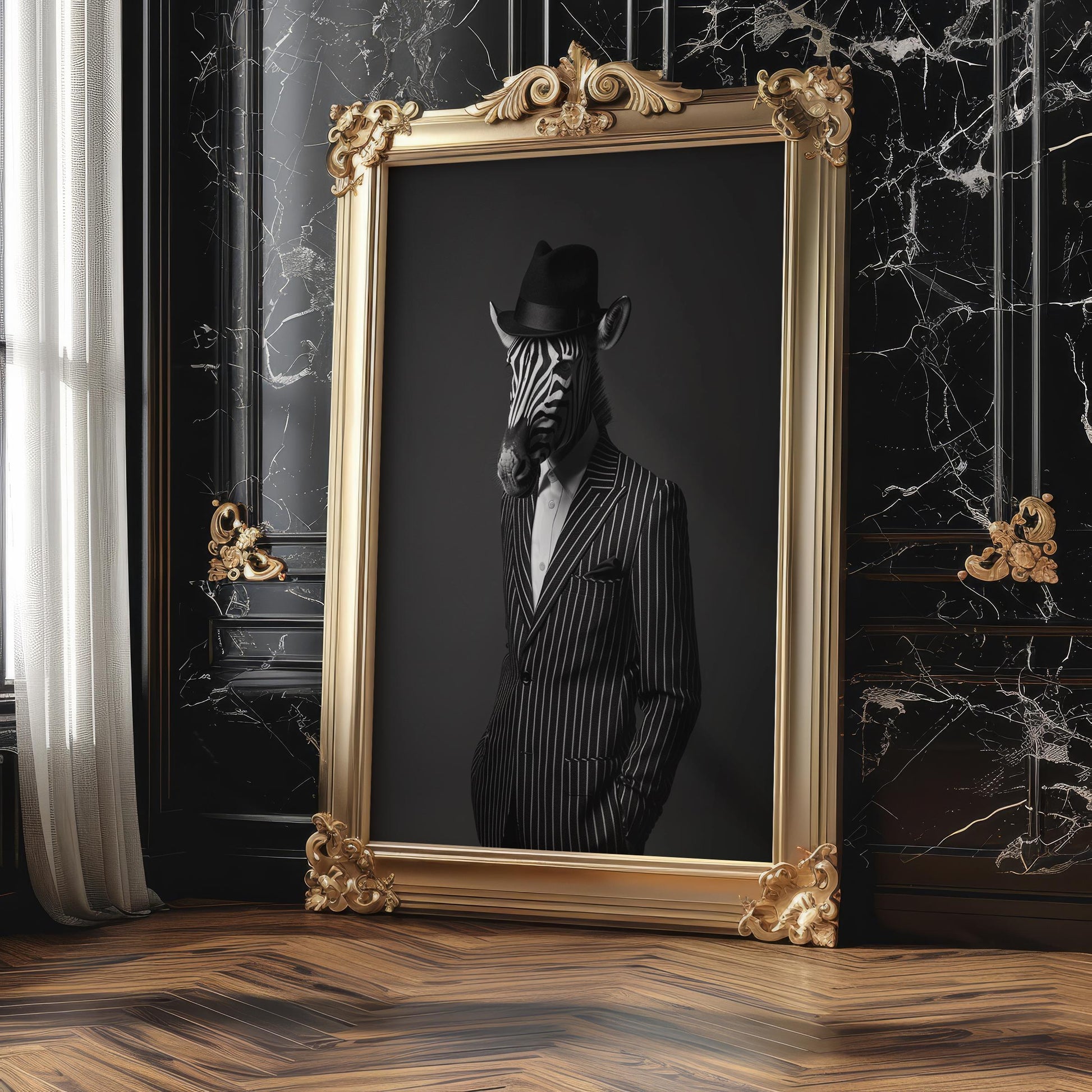 Designer Wall Art | Black and White Zebra in Suit | Anthropomorphic Animal wall art print, minimalist black and white poster, modern Scandinavian wall decor, Monohaus