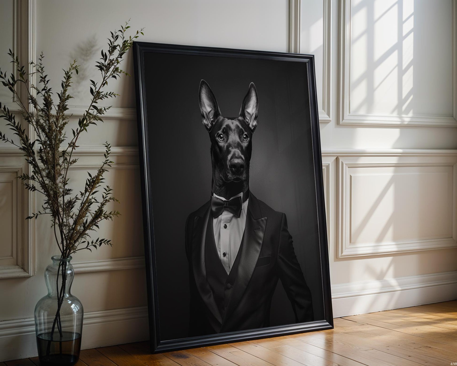 Dog Photography Doberman in Tuxedo Print | Modern Pet Portrait, Black Tie wall art print, minimalist black and white poster, modern Scandinavian wall decor, Monohaus