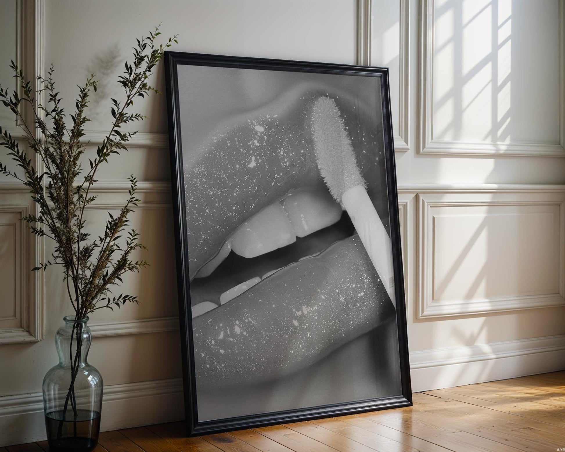 Designer Wall Art | Glitter Lips Print | Black and White Glam Makeup Photography wall art print, minimalist black and white poster, modern Scandinavian wall decor, Monohaus