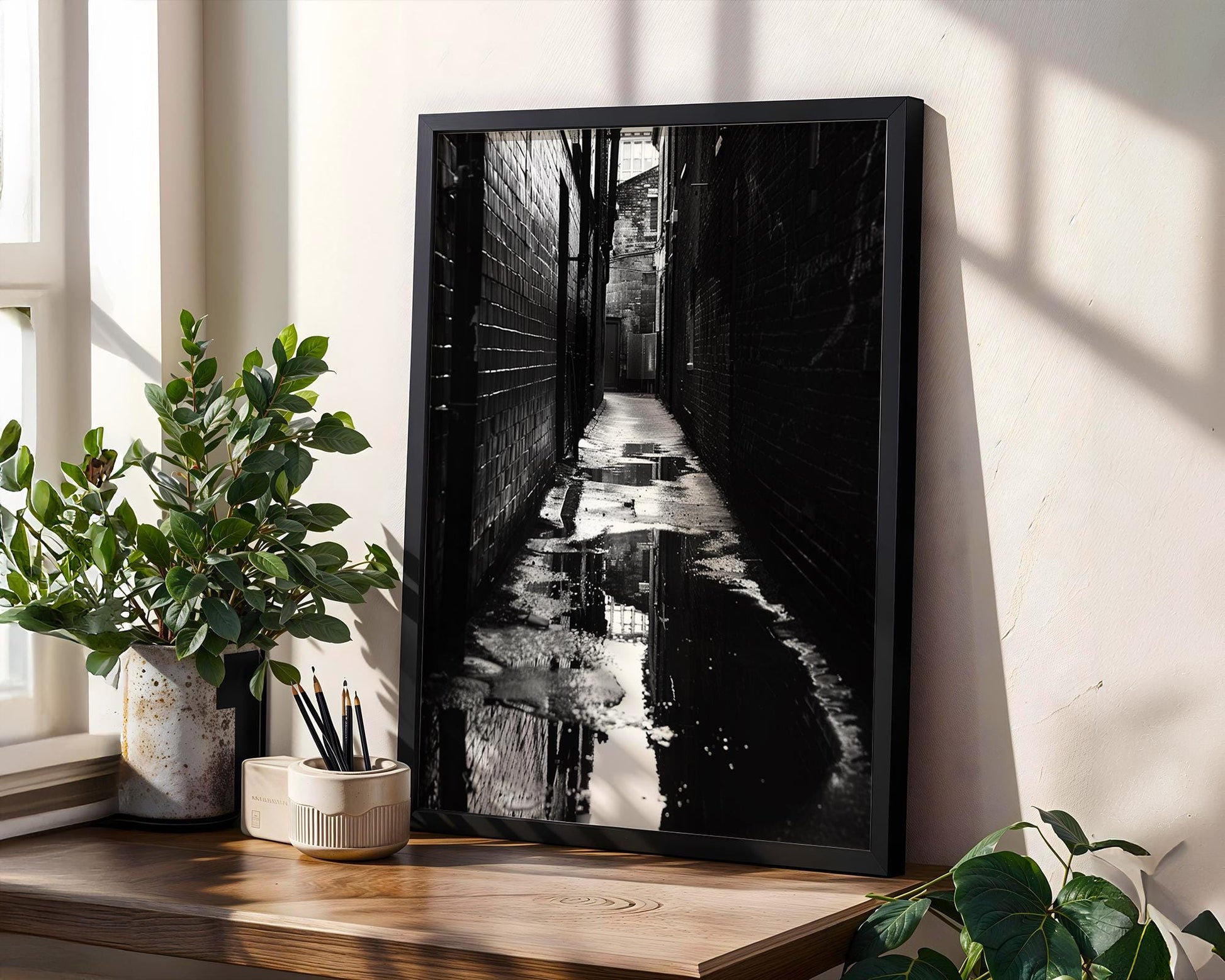 Urban Photography | Moody Cobblestone Alley Print | Black and White Urban Fine Art black and white photo print, minimalist monochrome wall art poster for modern interiors, Monohaus