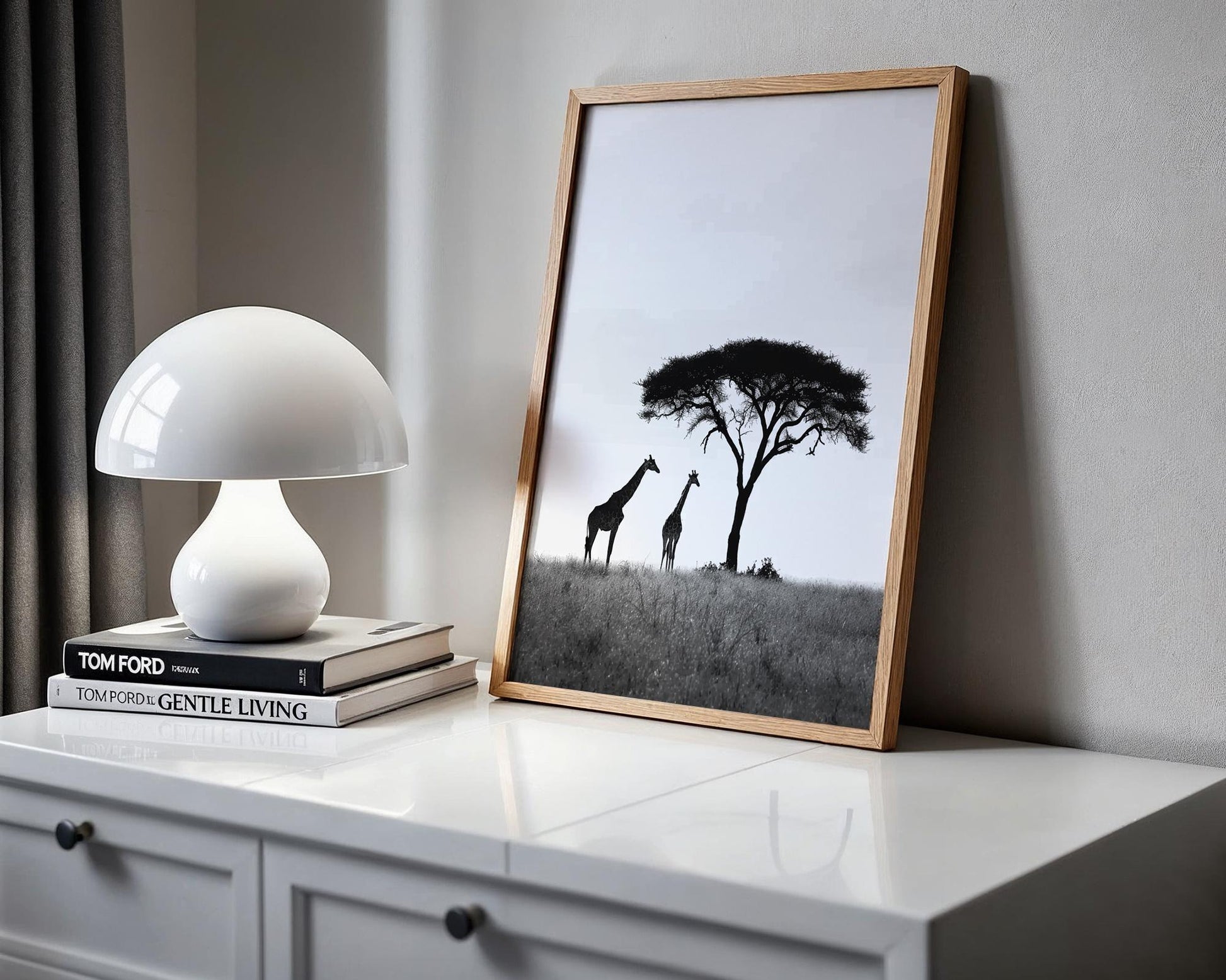 Wildlife Poster | Giraffe & Acacia Tree Print • Black and White Safari Photography wall art print, minimalist black and white poster, modern Scandinavian wall decor, Monohaus