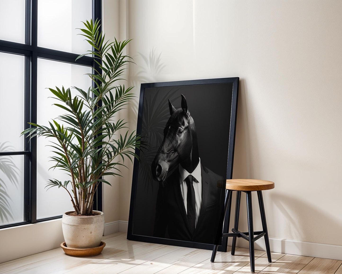 Designer Wall Art | Horse in Tuxedo Print | Equestrian Gentleman Photography wall art print, minimalist black and white poster, modern Scandinavian wall decor, Monohaus