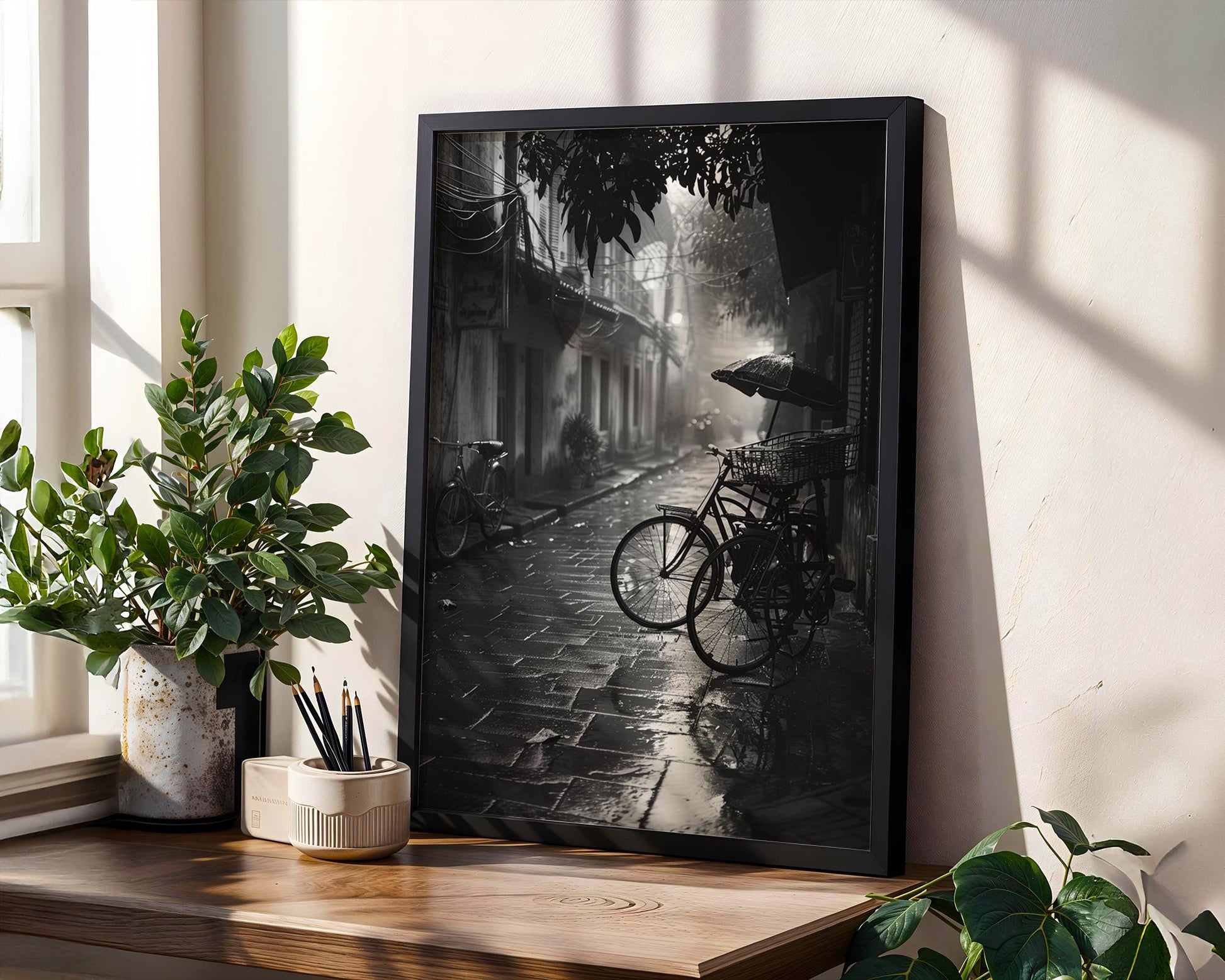 World Landmark | Vietnam Rainy Street Print | Black and White Bicycle Photography black and white photo print, minimalist monochrome wall art poster for modern interiors, Monohaus