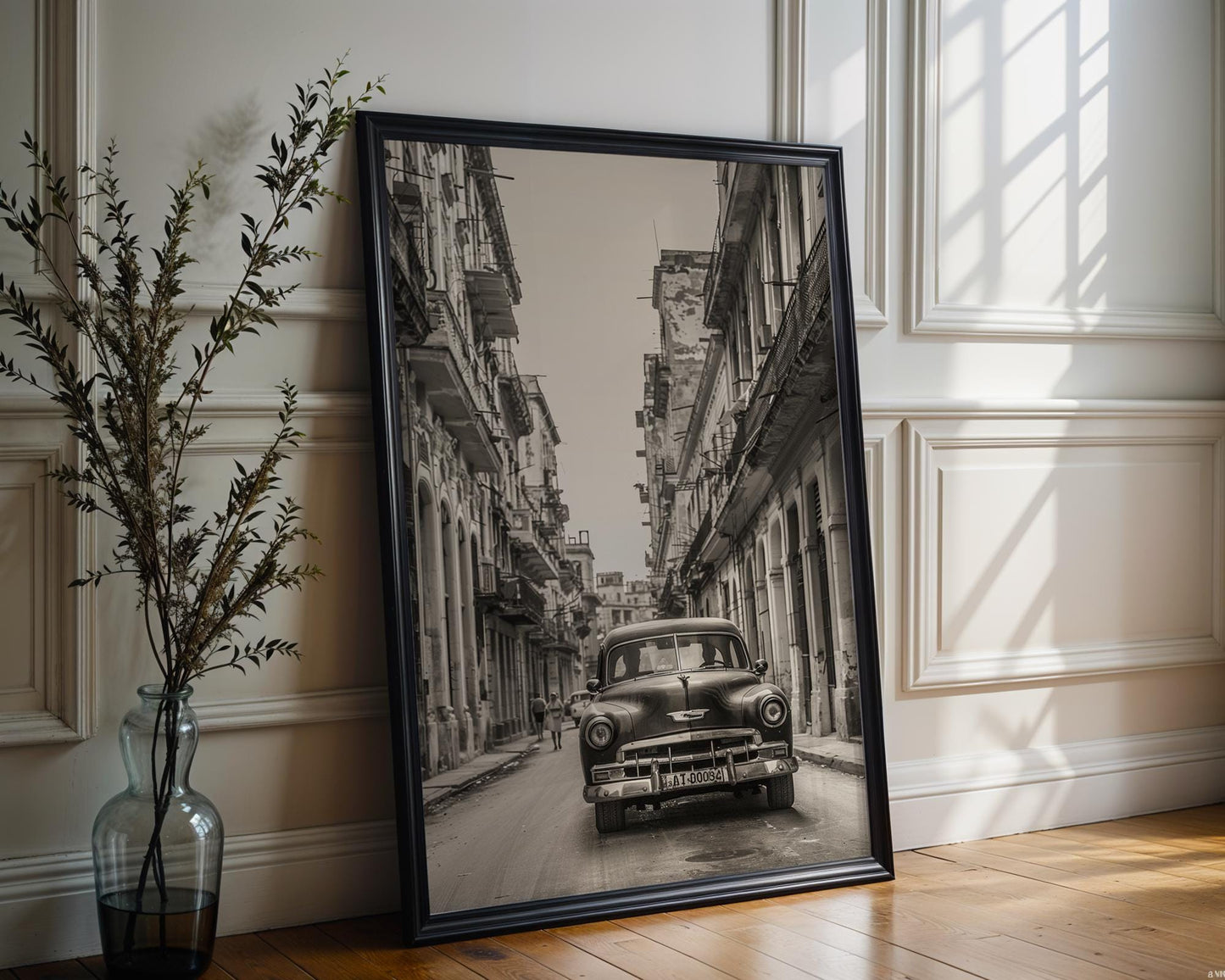 World Landmark | Havana Cuba Street Photography | Classic Chevrolet Car Art Print black and white photo print, minimalist monochrome wall art poster for modern interiors, Monohaus