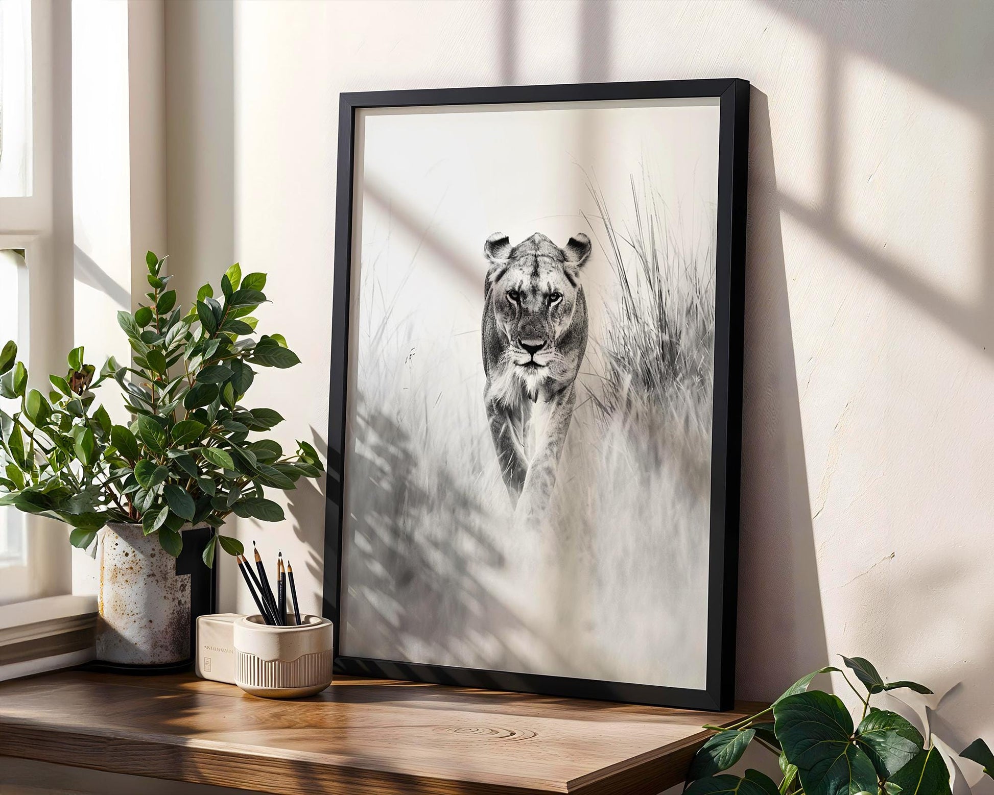 Wildlife Poster | Lioness Safari Print | Black & White  Photography wall art print, minimalist black and white poster, modern Scandinavian wall decor, Monohaus