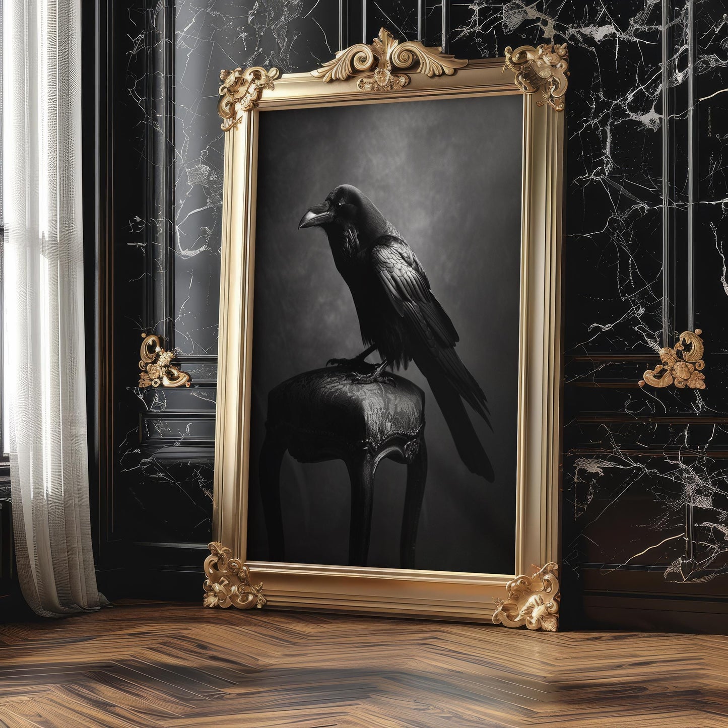 Raven on Antique Chair Art Print | Gothic Black and White Wall Decor wall art print, minimalist black and white poster, modern Scandinavian wall decor, Monohaus