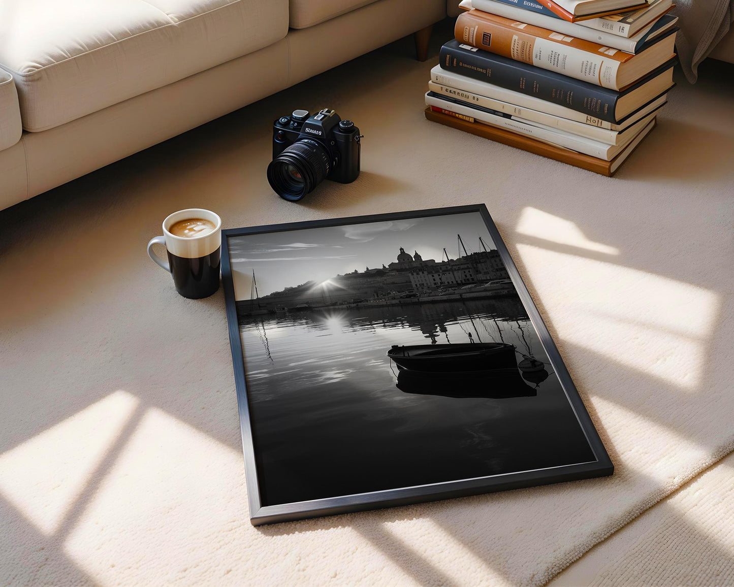 World Landmark | Marseille Harbour Print | Sunrise, French Coastline Photography wall art print, minimalist black and white poster, modern Scandinavian wall decor, Monohaus