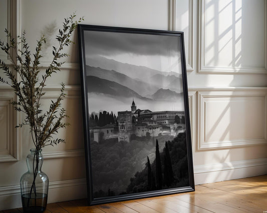 World Landmark | Alhambra Palace Print | Black and White Spanish Architecture Photography wall art print, black and white architectural poster, minimalist modern Scandinavian wall decor, Monohaus