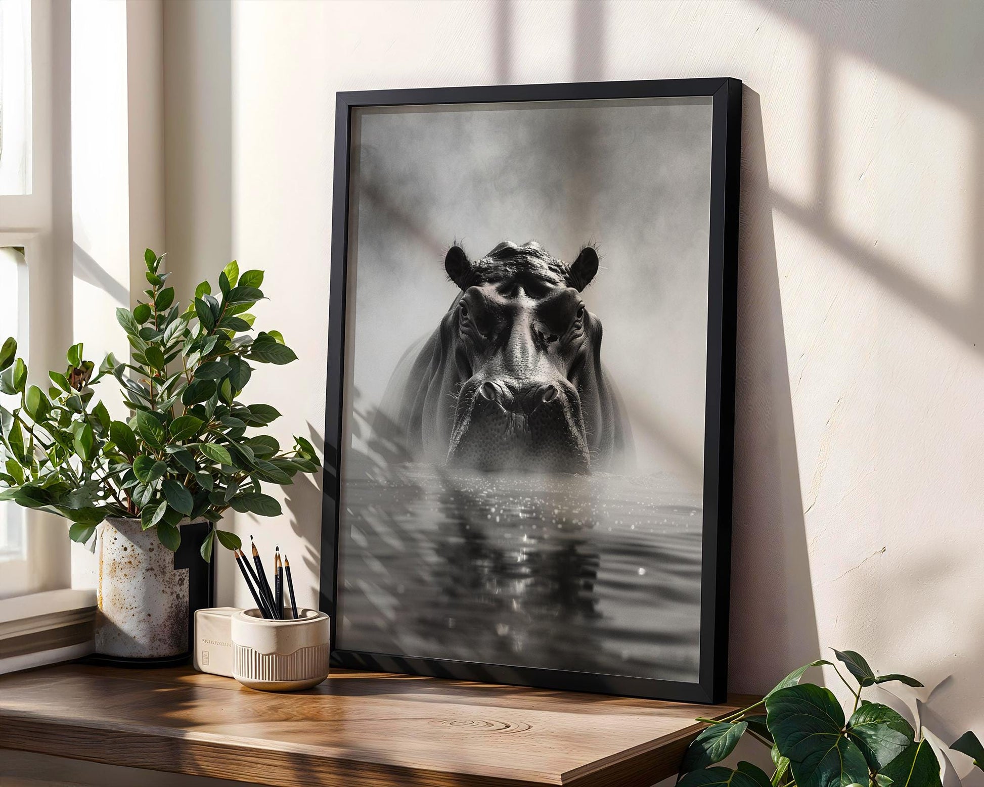 Wildlife Poster | Hippo Portrait Print | Minimalist Black & White  Photography wall art print, minimalist black and white poster, modern Scandinavian wall decor, Monohaus
