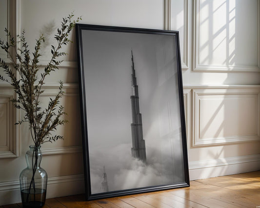 World Landmark | Burj Khalifa Print | Black and White Dubai Skyline Photography wall art print, minimalist black and white poster, modern Scandinavian wall decor, Monohaus