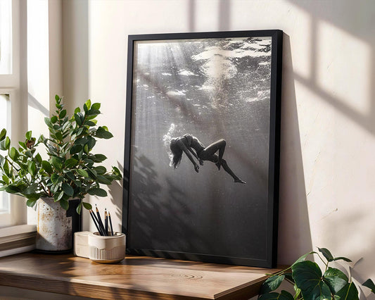 Designer Wall Art | Underwater Woman Print | Ethereal Black and White Photography, Minimalist Art wall art print, minimalist black and white poster, modern Scandinavian wall decor, Monohaus