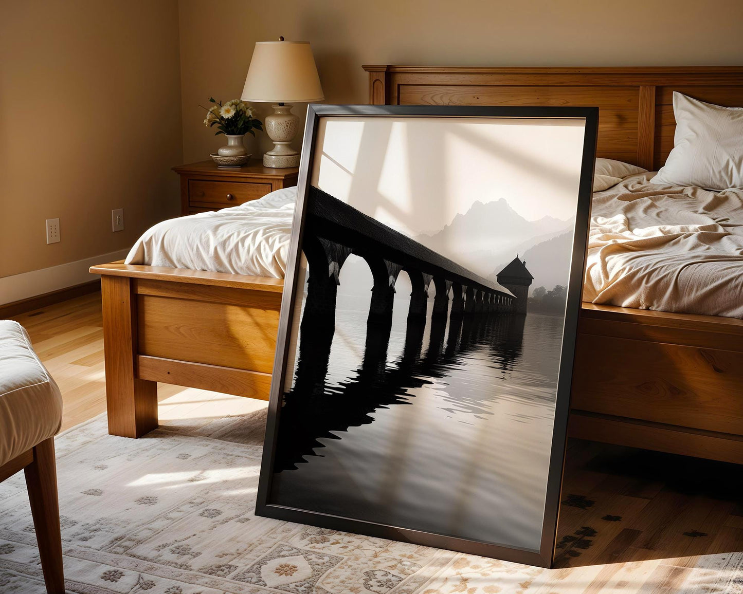 World Landmark | Chapel Bridge, Lake Lucerne Print | Swiss Black and White Photography wall art print, minimalist black and white poster, modern Scandinavian wall decor, Monohaus