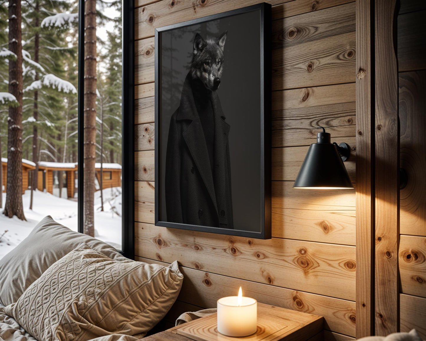 Designer Wall Art | Wolf in Black Coat Art Print | Modern Anthropomorphic Animal Portrait wall art print, minimalist black and white poster, modern Scandinavian wall decor, Monohaus