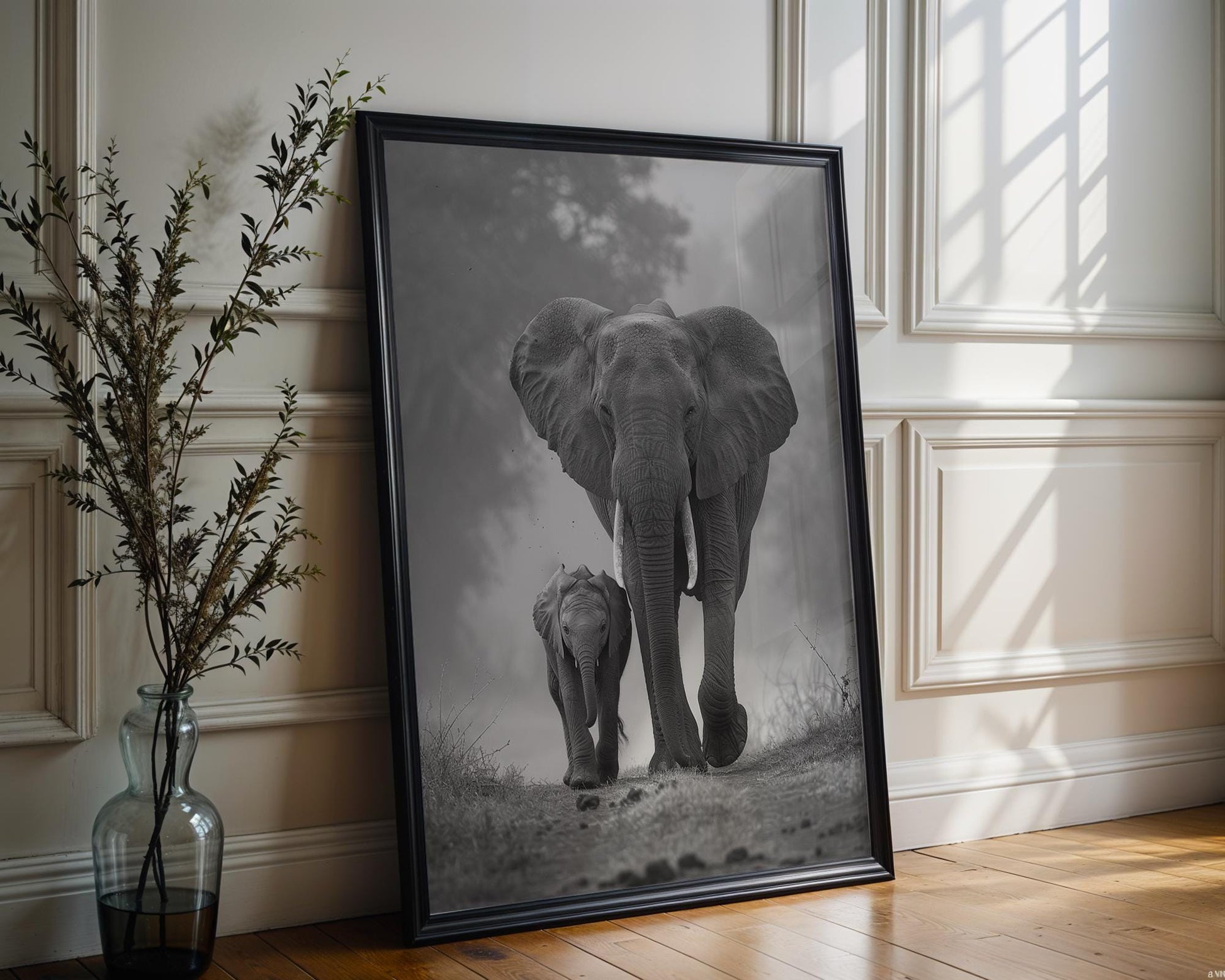 Wildlife Poster | Elephant and Calf Print | Minimalist Black & White  Photography wall art print, minimalist black and white poster, modern Scandinavian wall decor, Monohaus