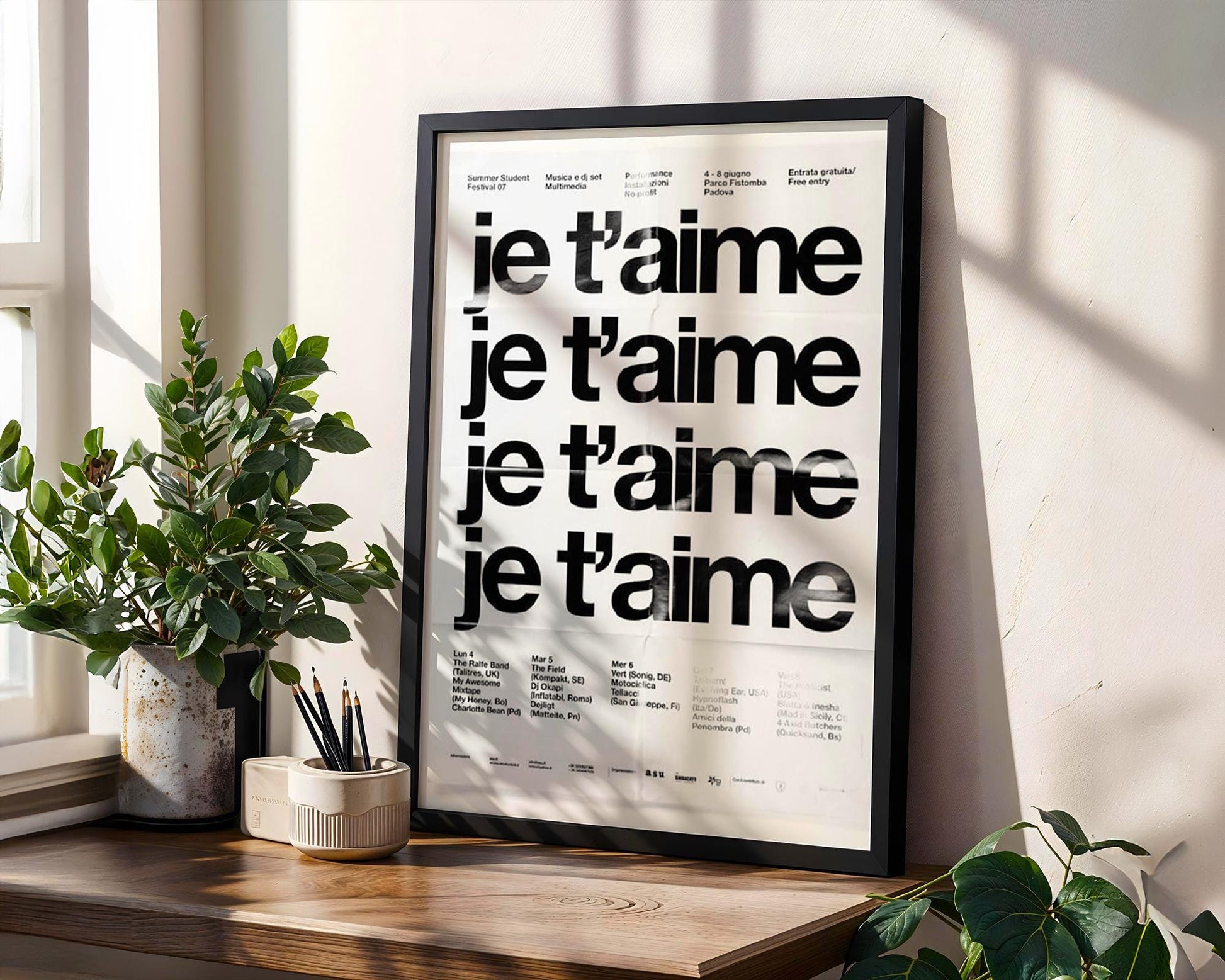Designer Wall Art | Je T'aime Typography Print | Minimalist French Quote typography wall art print, minimalist black and white type poster, modern graphic design decor, Monohaus