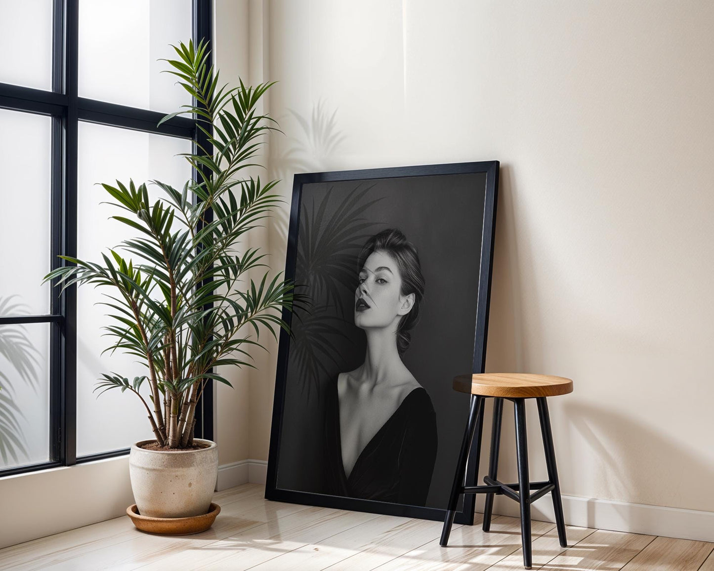 Minimal Wall Art Dark Lipstick Woman Portrait Print | Moody Velvet Dress Photography wall art print, minimalist black and white poster, modern Scandinavian wall decor, Monohaus