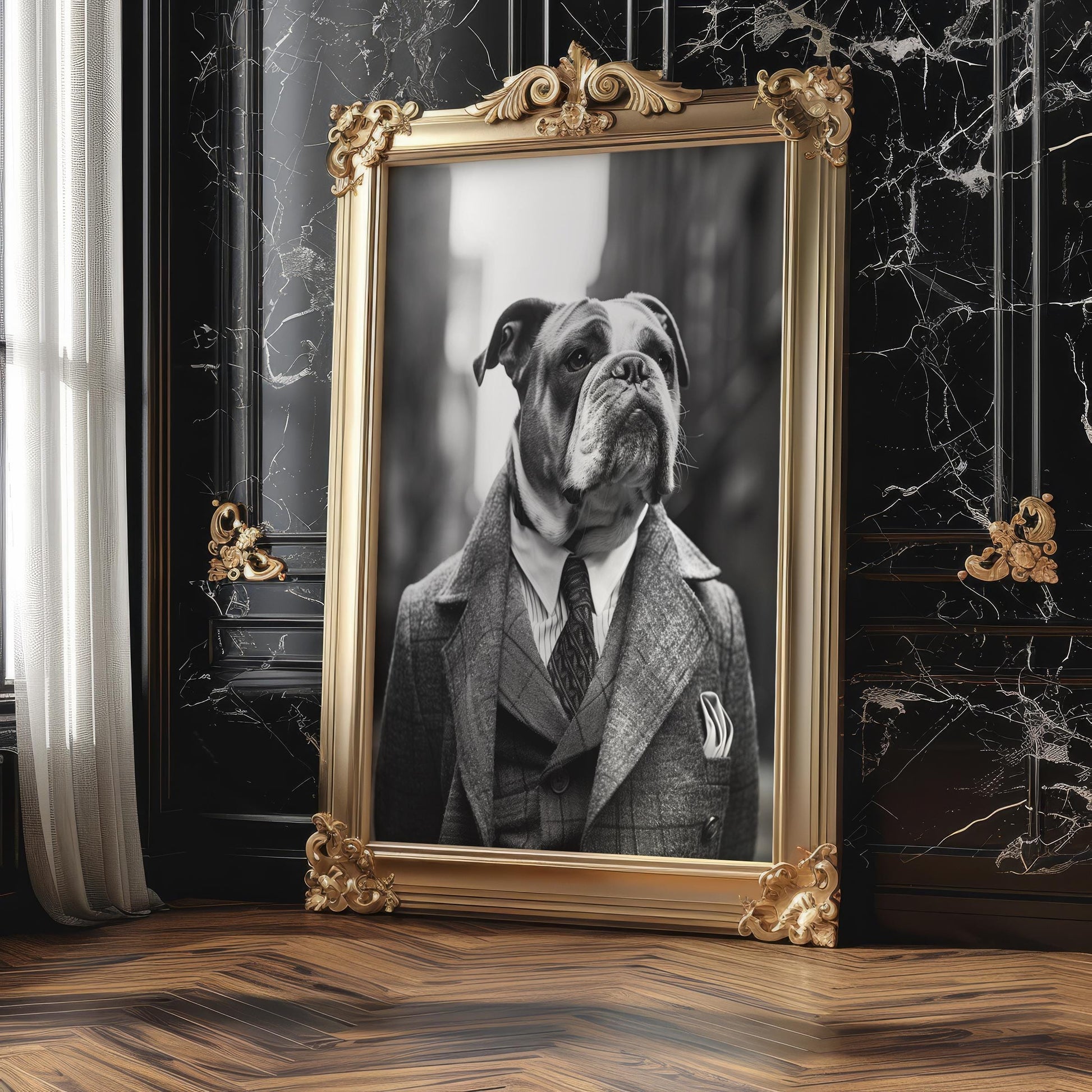 Dog Photography English Bulldog Tweed Coat Portrait | Vintage Pet Art Print wall art print, minimalist black and white poster, modern Scandinavian wall decor, Monohaus