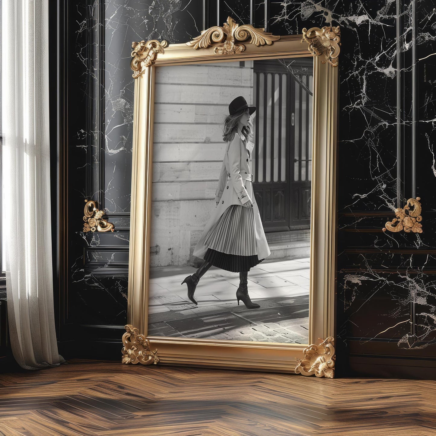 Minimal Wall Art Parisian Fashion Print | Woman in Trench Coat Photography, Elegant Home Decor wall art print, minimalist black and white poster, modern Scandinavian wall decor, Monohaus