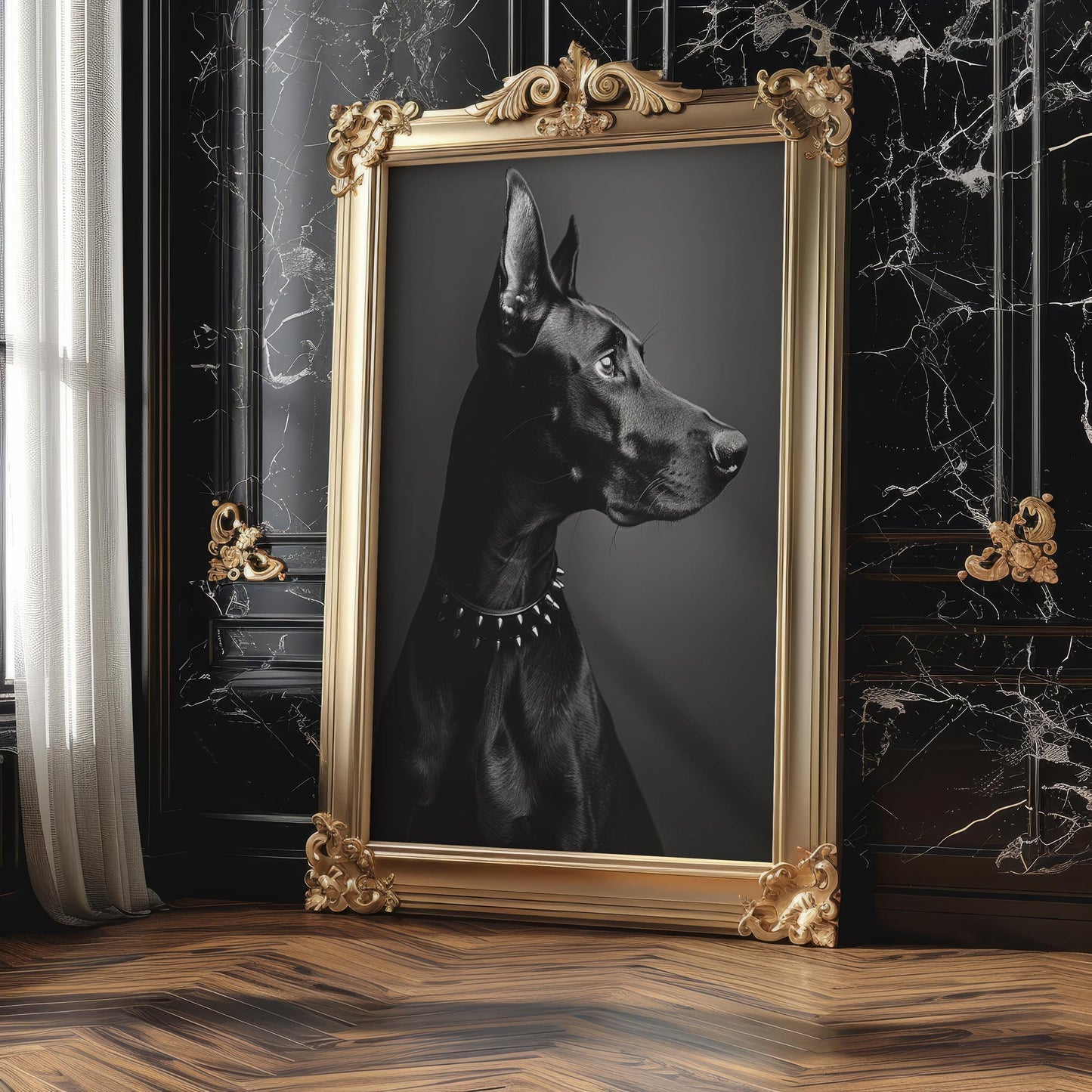 Dog Photography Doberman Art Print | Sleek Spiked Collar, Minimalist Pet Poster wall art print, minimalist black and white poster, modern Scandinavian wall decor, Monohaus