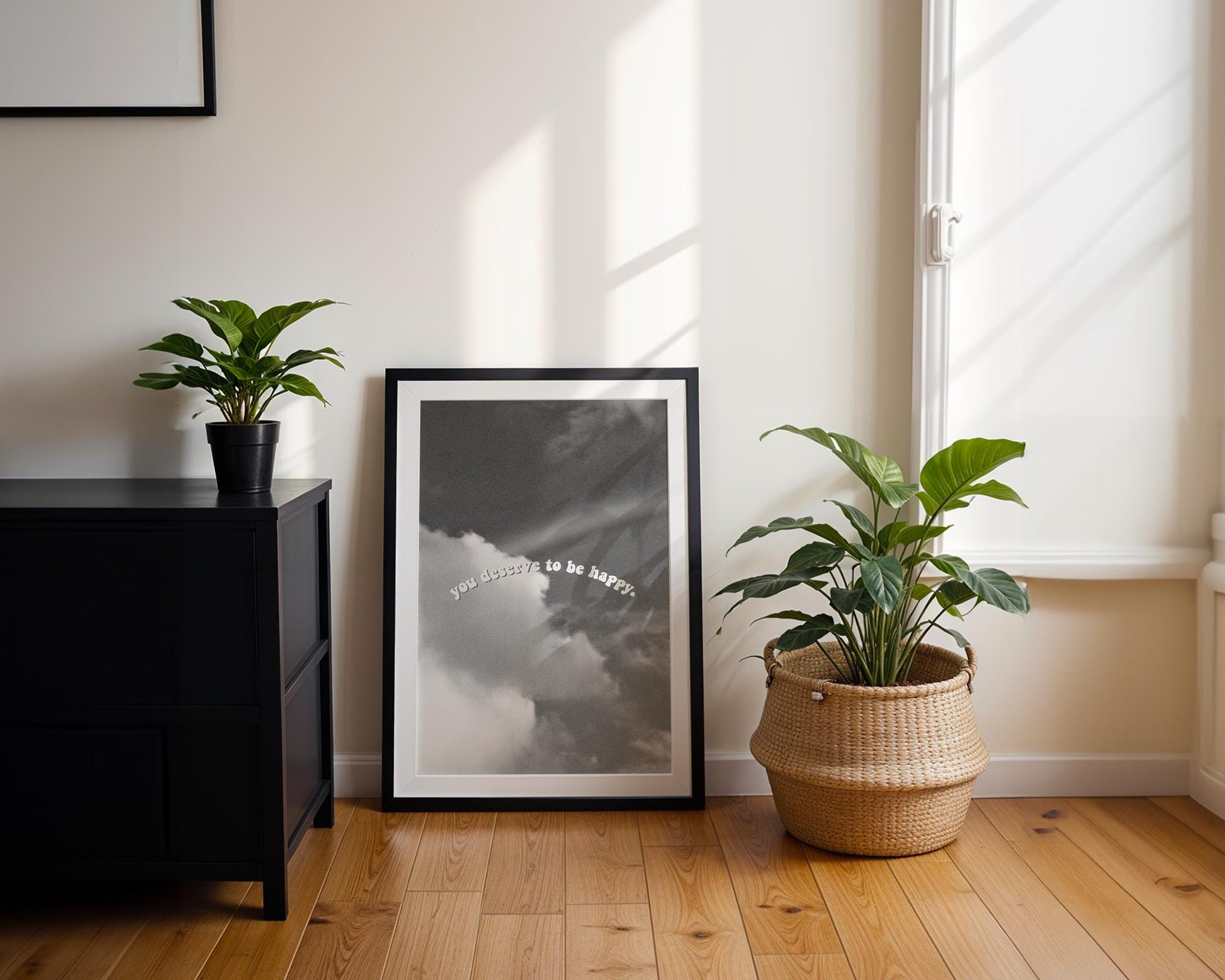Designer Wall Art | You Deserve To Be Happy Sky Print | Minimalist Home Decor wall art print, minimalist black and white poster, modern Scandinavian wall decor, Monohaus