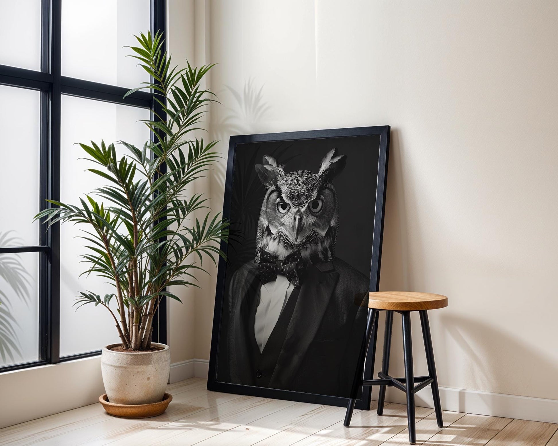 Designer Wall Art | Owl Portrait Print | Anthropomorphic Animal in Suit, Bow Tie wall art print, minimalist black and white poster, modern Scandinavian wall decor, Monohaus