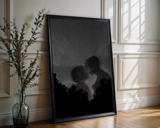 Designer Wall Art | Starry Night Lovers Print | Minimalist Black and White Photography wall art print, minimalist black and white poster, modern Scandinavian wall decor, Monohaus