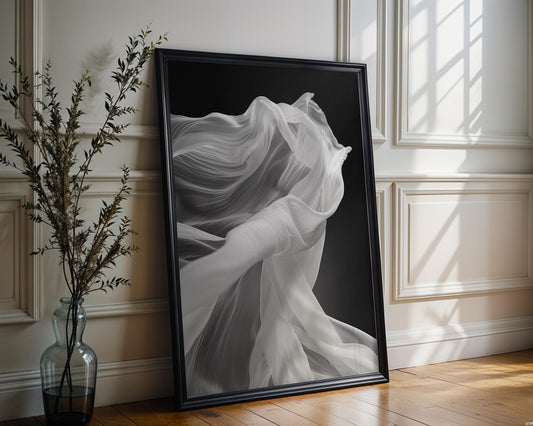 Minimal Wall Art White Sheer Fabric Print | Ethereal Texture, Scandinavian Decor wall art print, minimalist black and white poster, modern Scandinavian wall decor, Monohaus