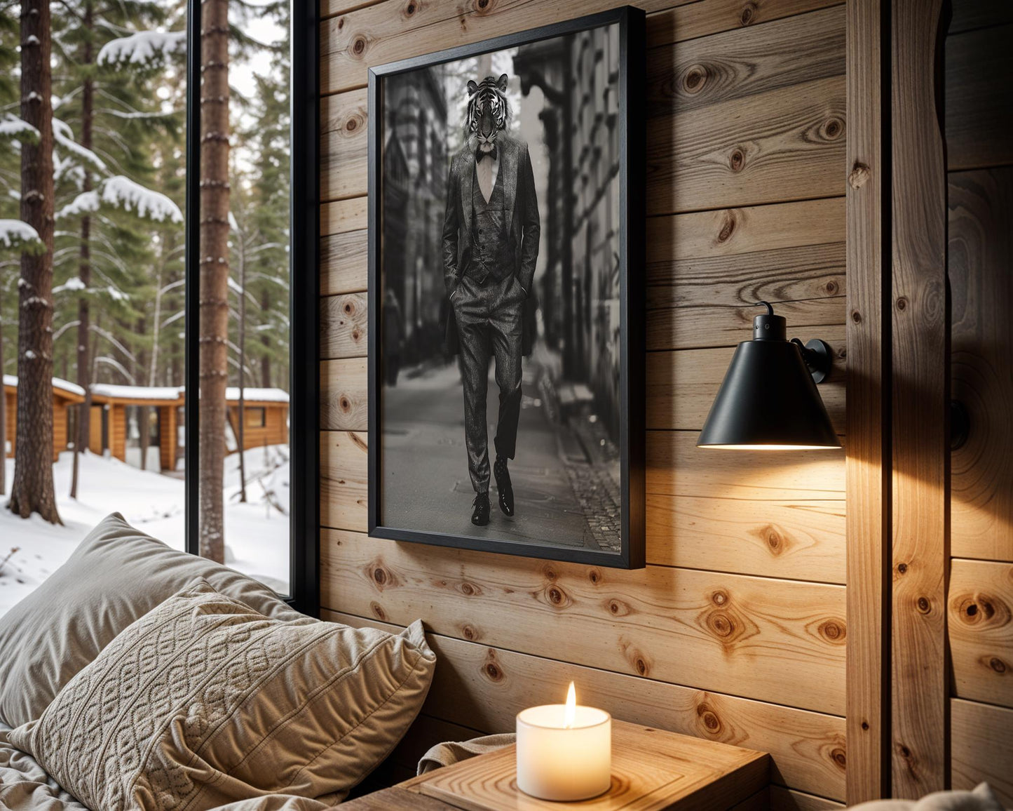 Designer Wall Art | Tiger Print in Full Tweed Suit | Black and White Photography wall art print, minimalist black and white poster, modern Scandinavian wall decor, Monohaus