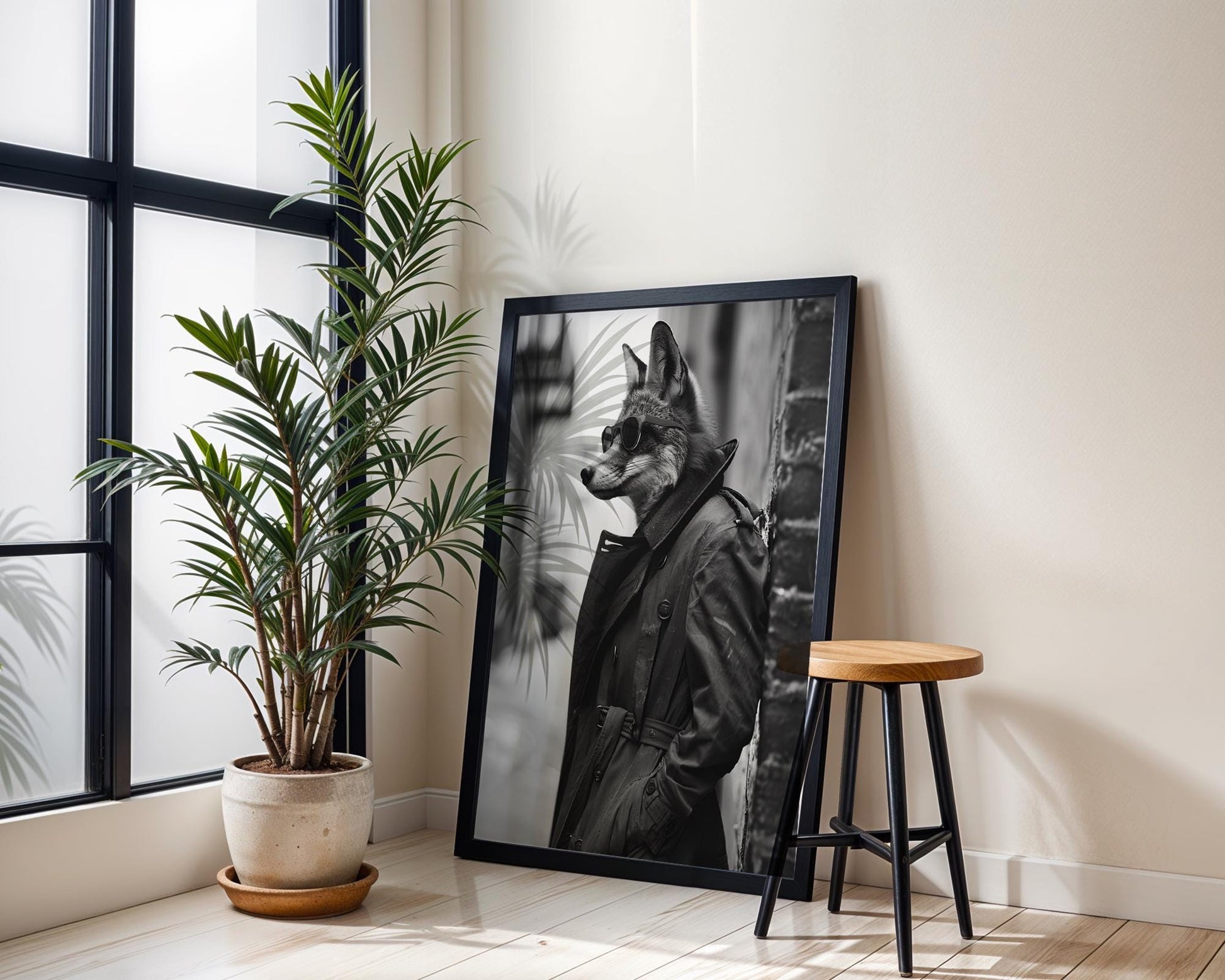 Dog Photography Fox in Trench Coat Print | Urban Animal Portrait, Modern Poster black and white photo print, minimalist monochrome wall art poster for modern interiors, Monohaus