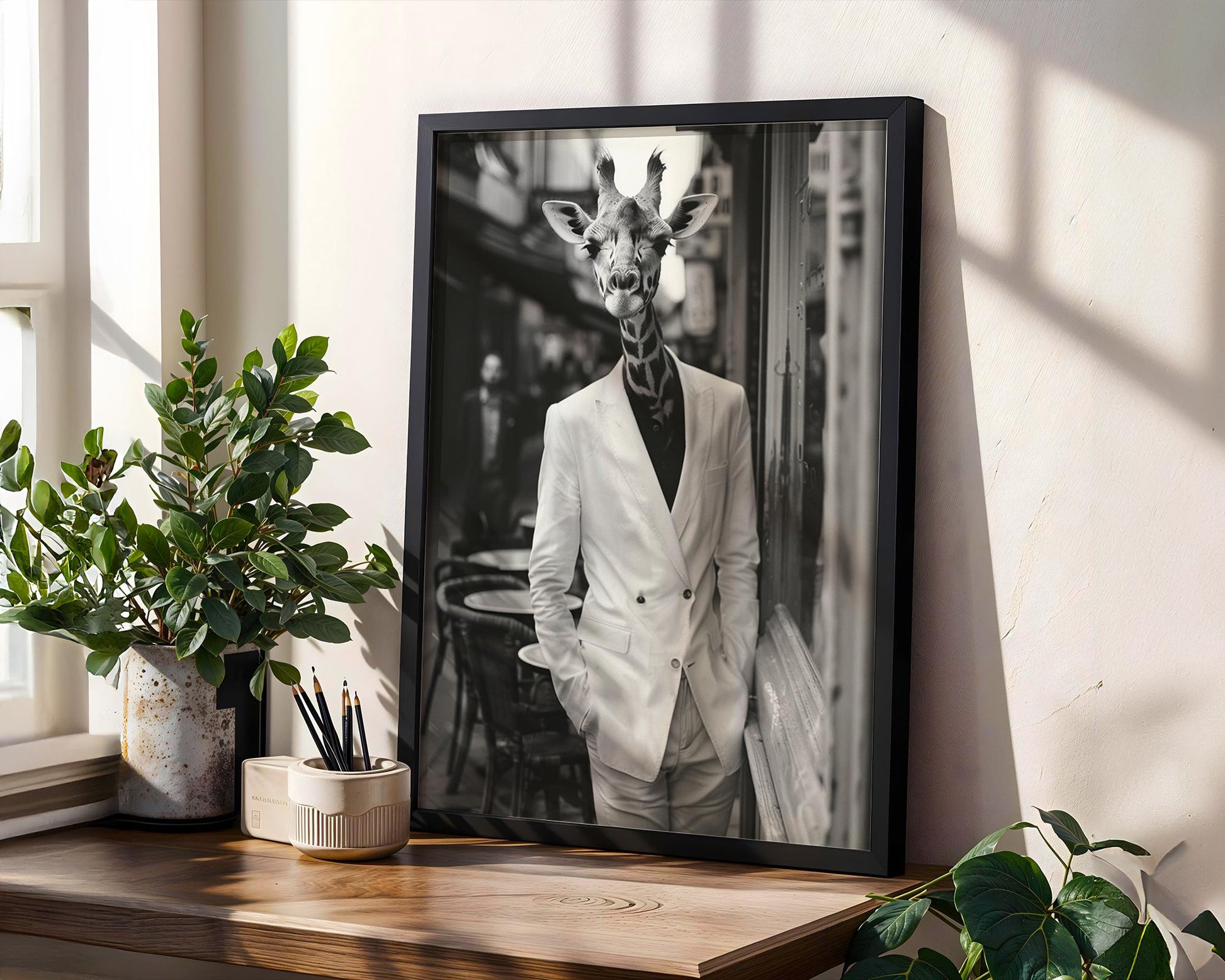 Designer Wall Art | Surreal Giraffe Portrait Print | Dapper Animal Photo Collage wall art print, minimalist black and white poster, modern Scandinavian wall decor, Monohaus